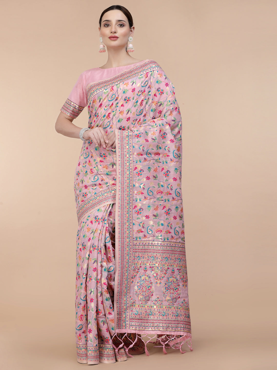 Women's Light Pink Silk Blend Woven Design Saree With Unstitched Blouse Piece - Navyaa