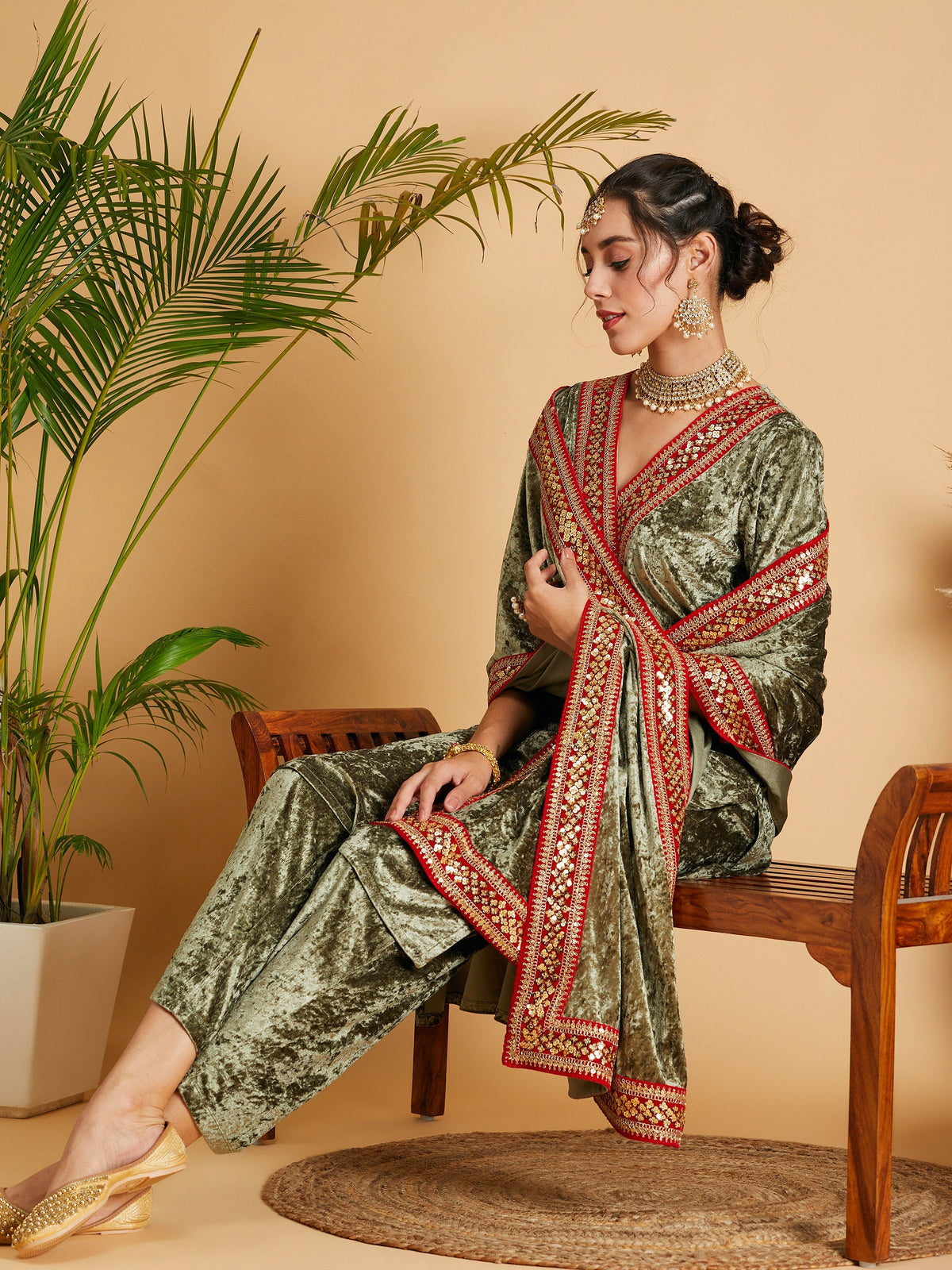 Women's Olive Velvet Lace Detail Dupatta Only