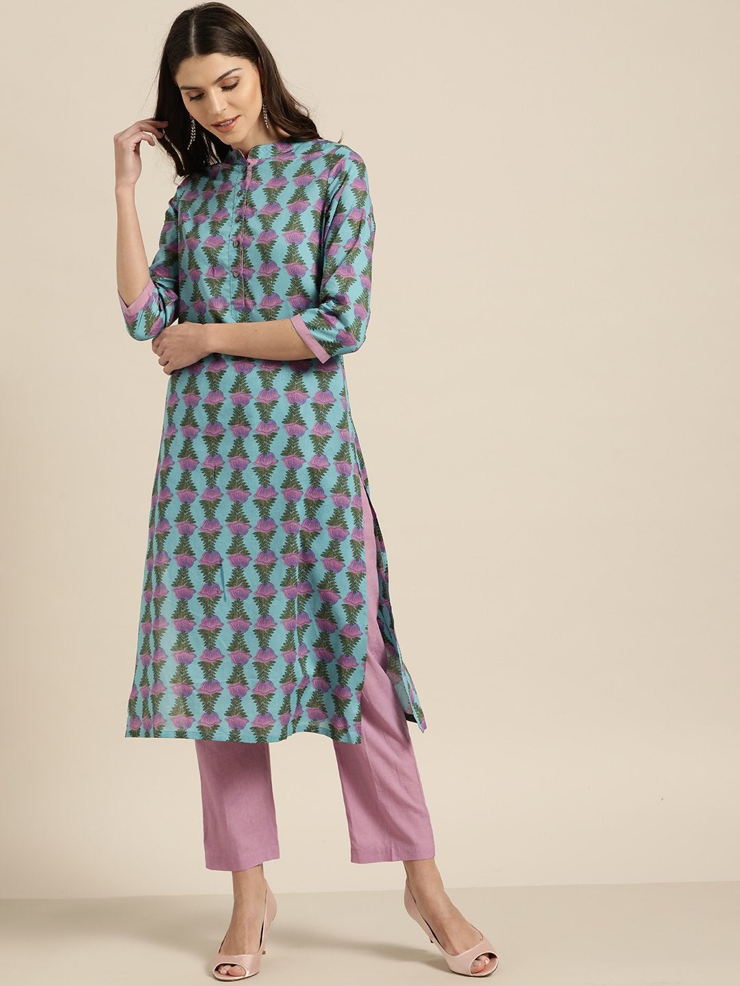 Women's Lilac Floral Kurta With Lilac Pants - SHAE