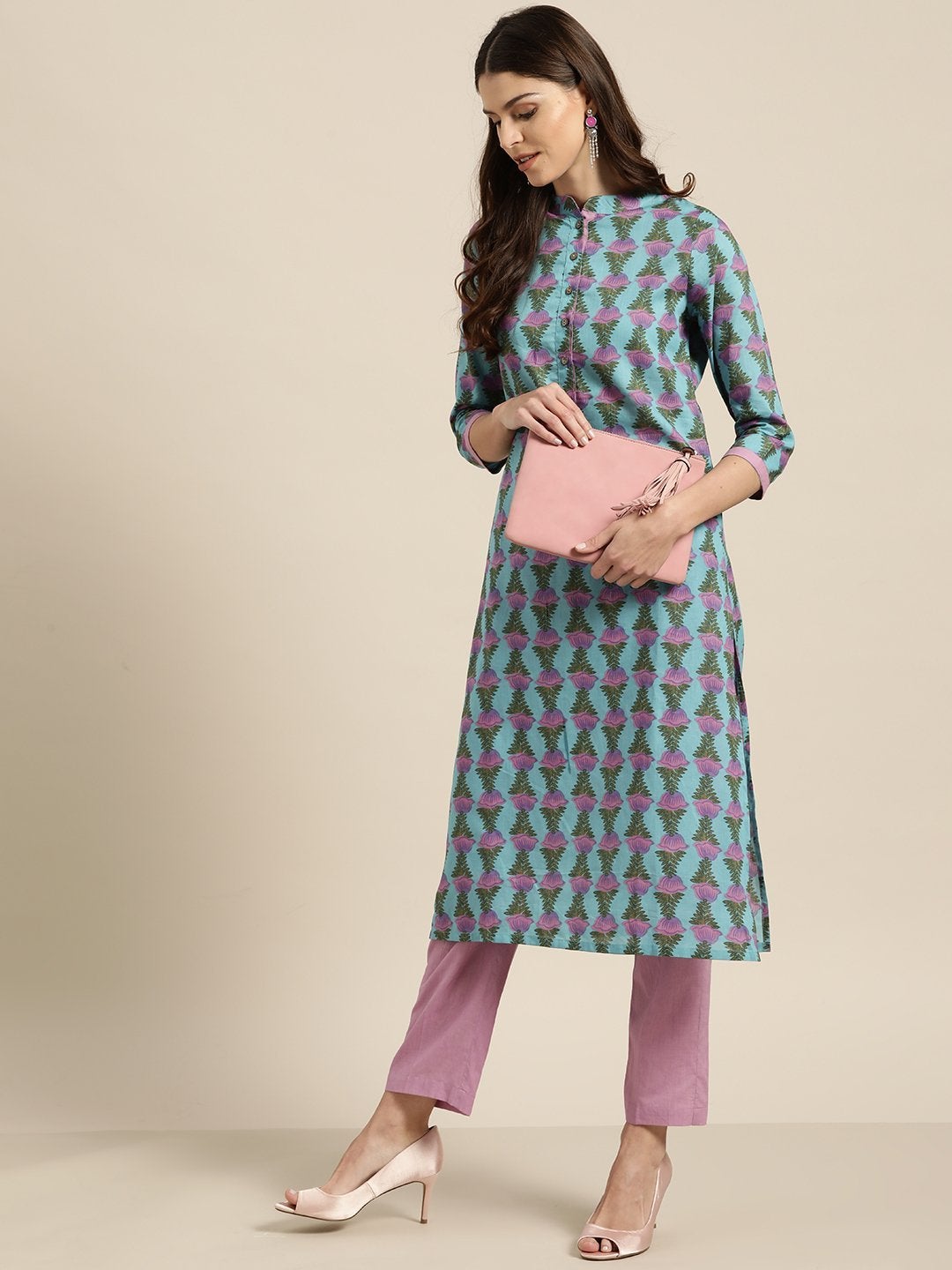 Women's Lilac Floral Kurta With Lilac Pants - SHAE