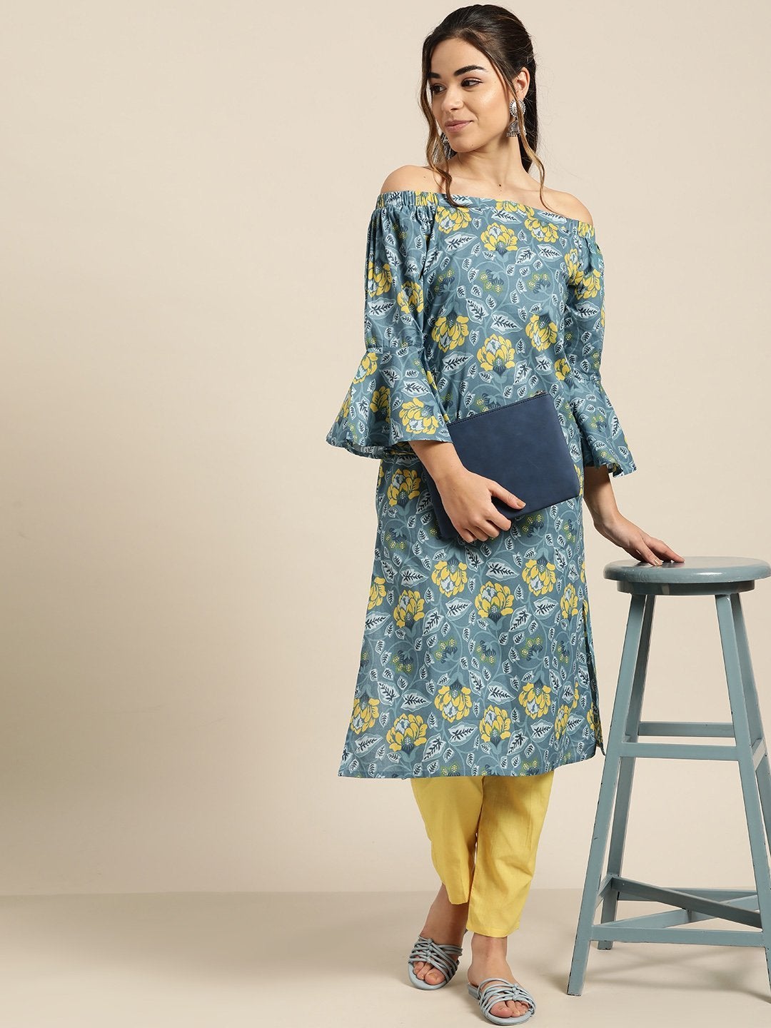 Women's Blue Off Shoulder Kurta With Yellow Pants - SHAE