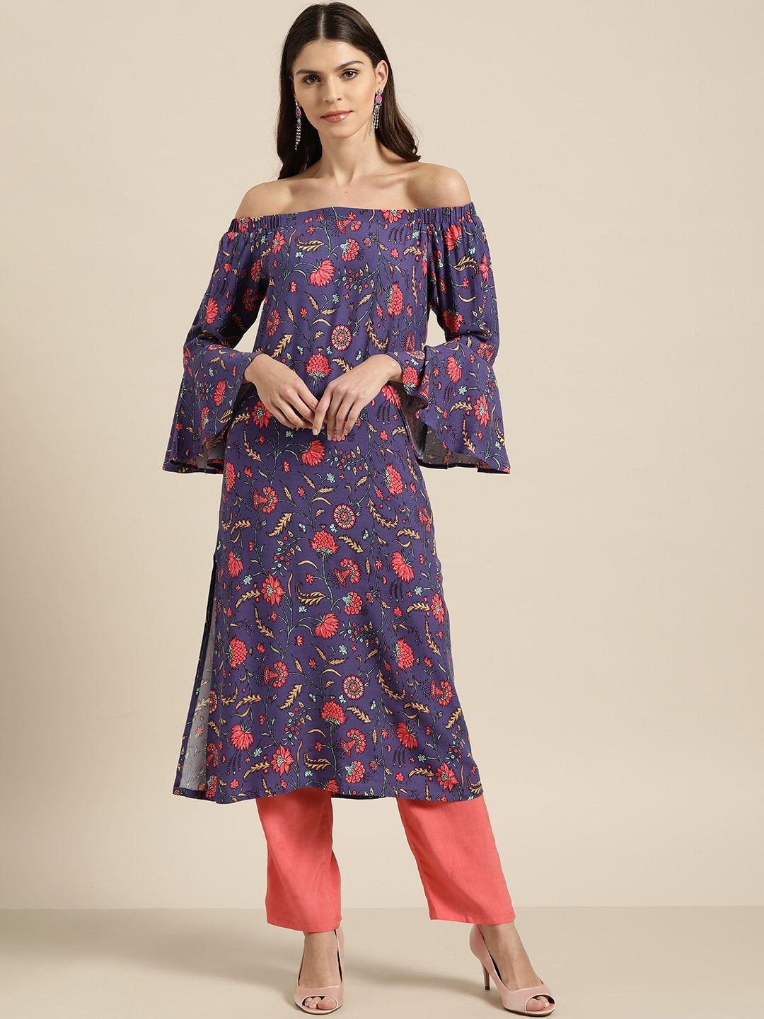 Women's Purple Floral Off Shoulder Kurta With Red Pants - SHAE