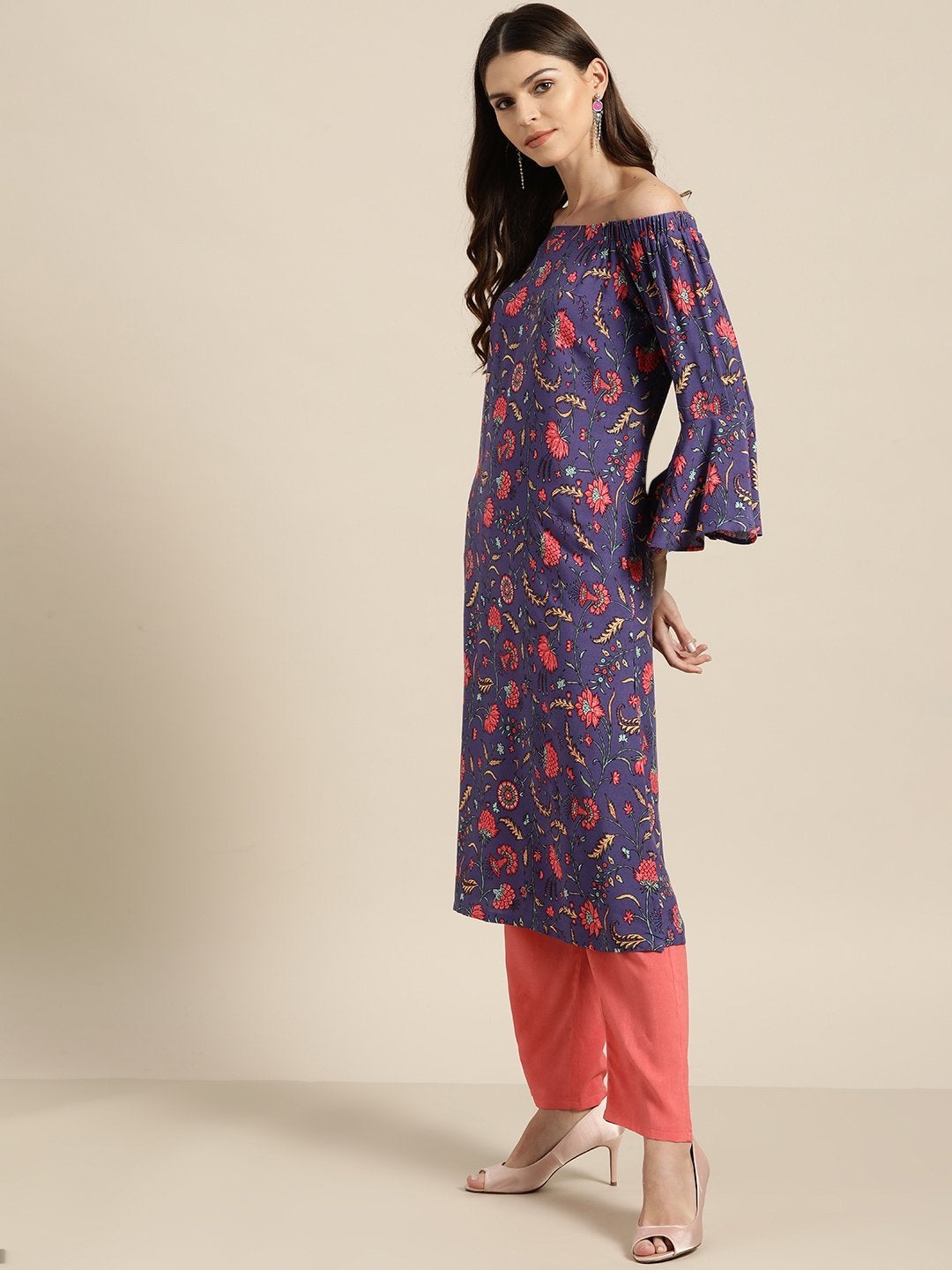 Women's Purple Floral Off Shoulder Kurta With Red Pants - SHAE