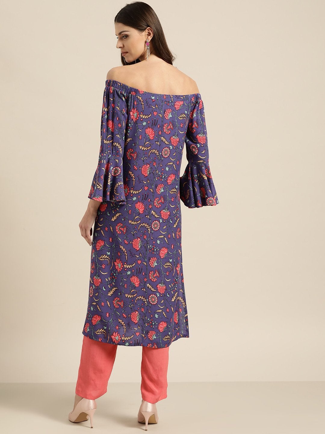 Women's Purple Floral Off Shoulder Kurta With Red Pants - SHAE