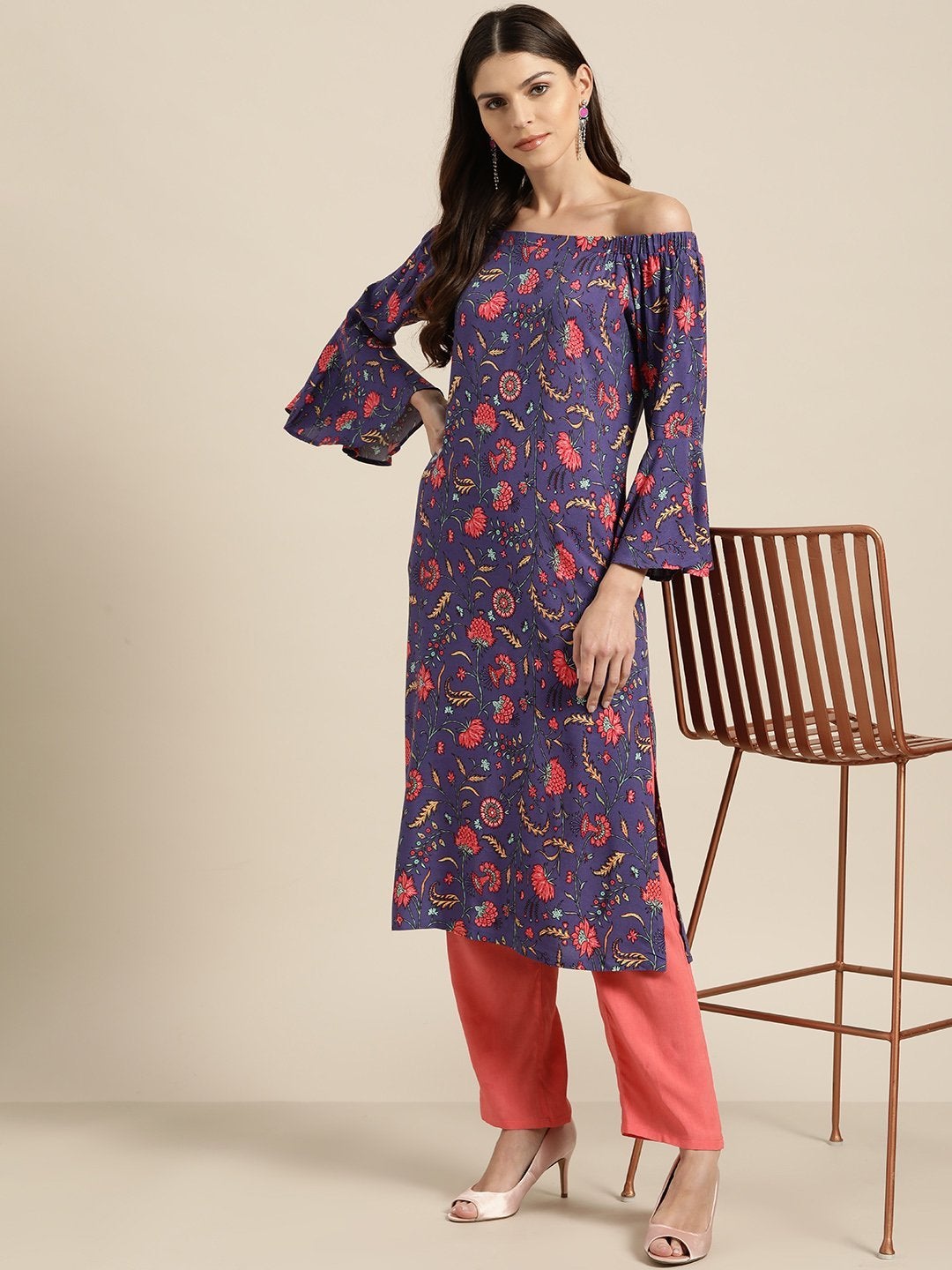 Women's Purple Floral Off Shoulder Kurta With Red Pants - SHAE