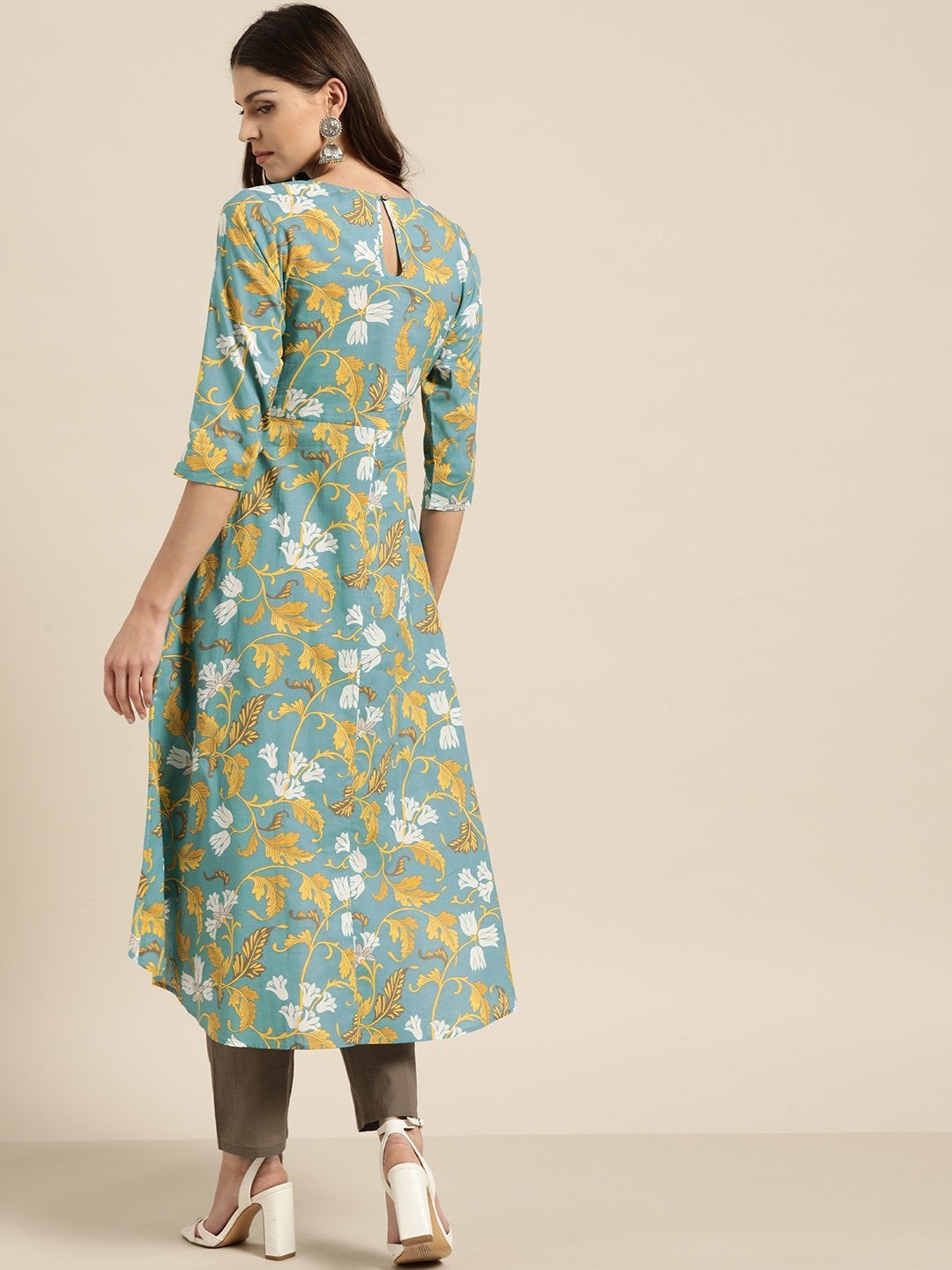 Women's Turquoise Floral High Low Kurta With Brown Pants - SHAE