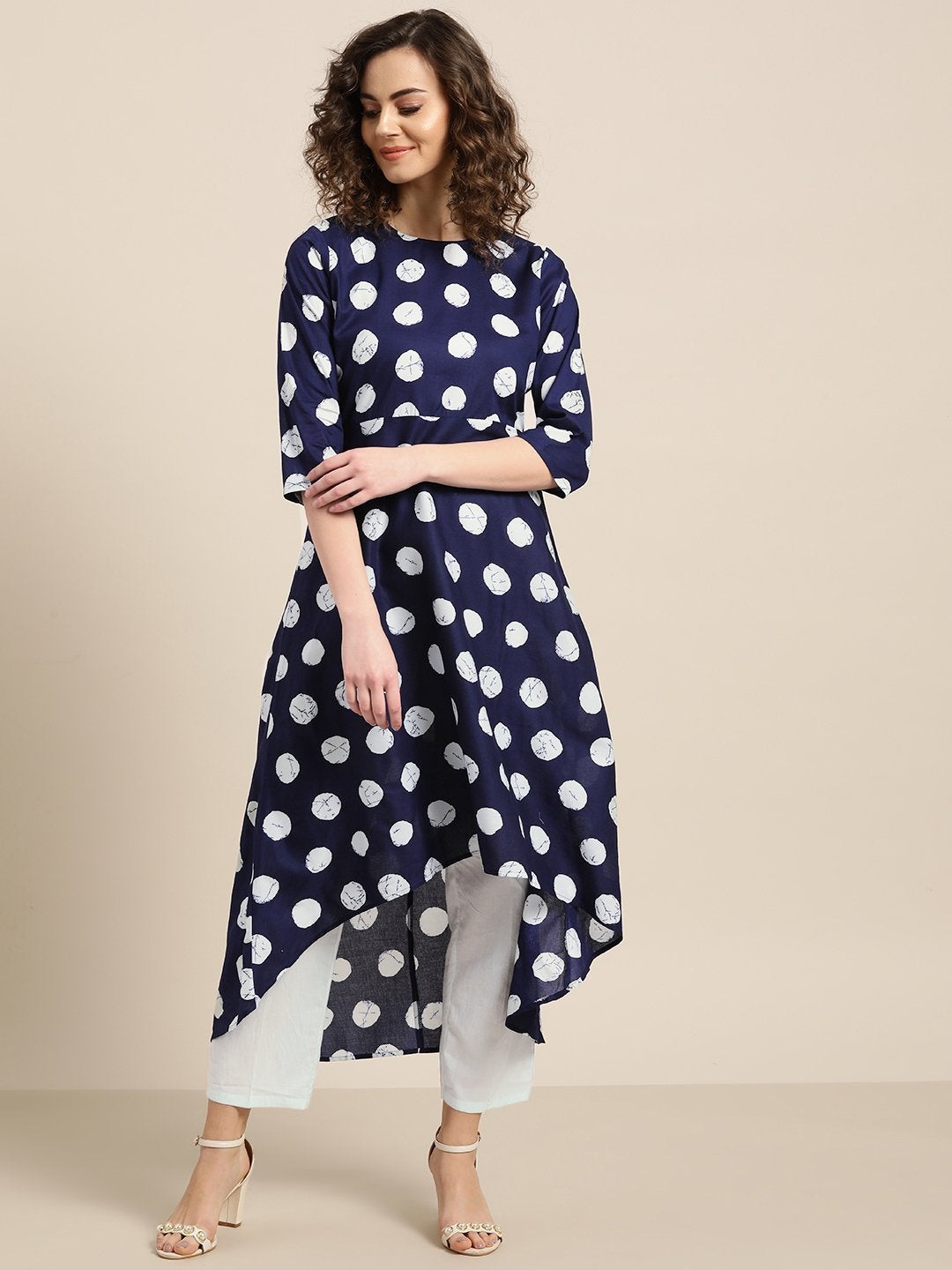 Women's Navy Polka High Low Kurta With White Pants