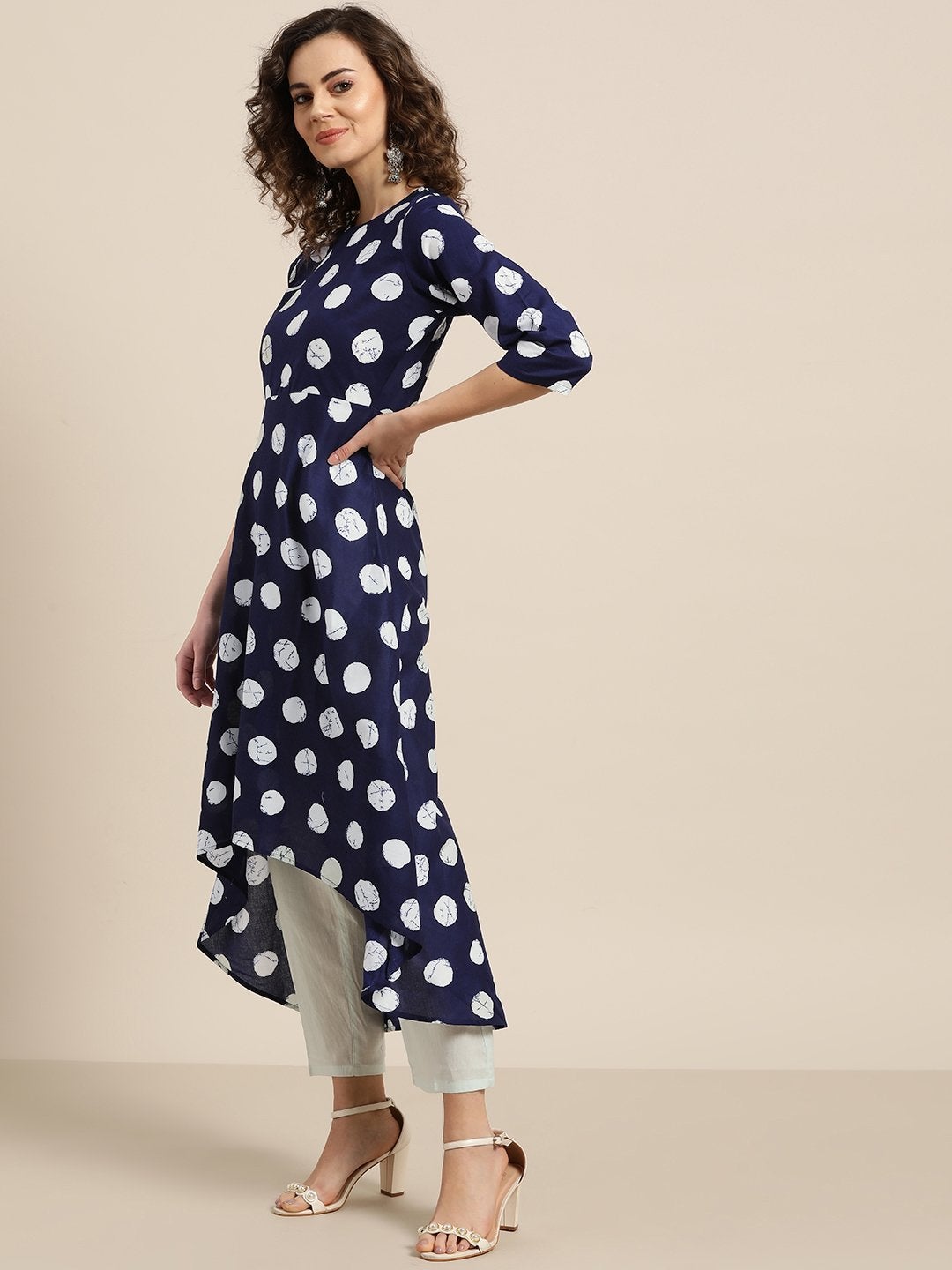 Women's Navy Polka High Low Kurta With White Pants