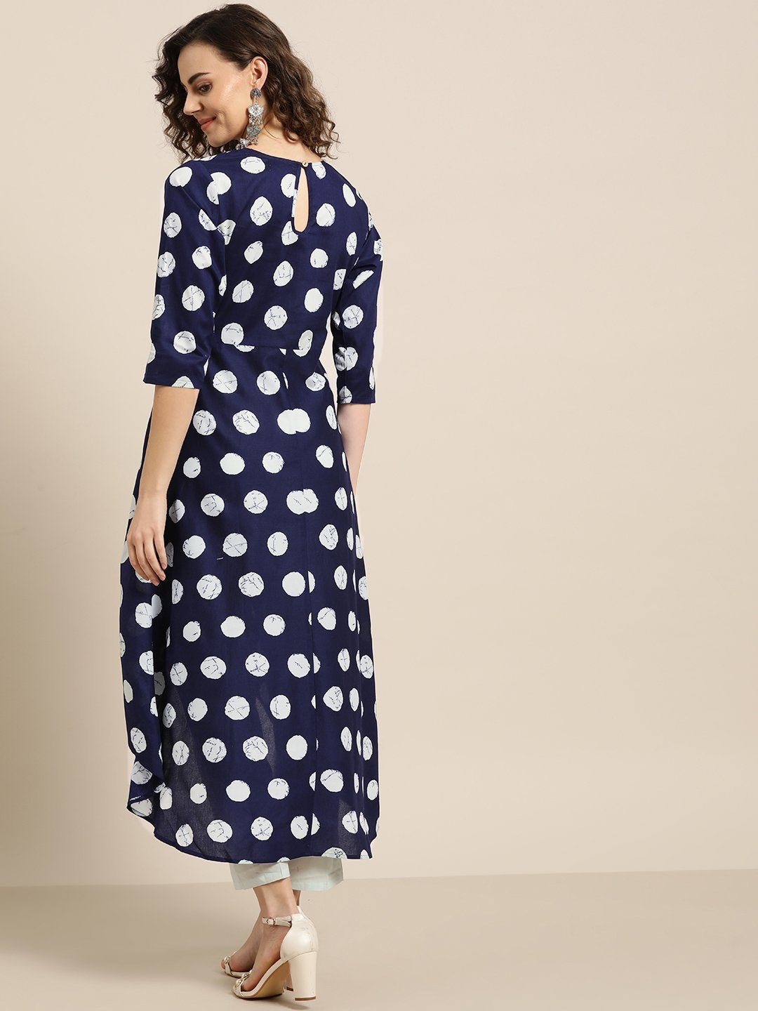 Women's Navy Polka High Low Kurta With White Pants