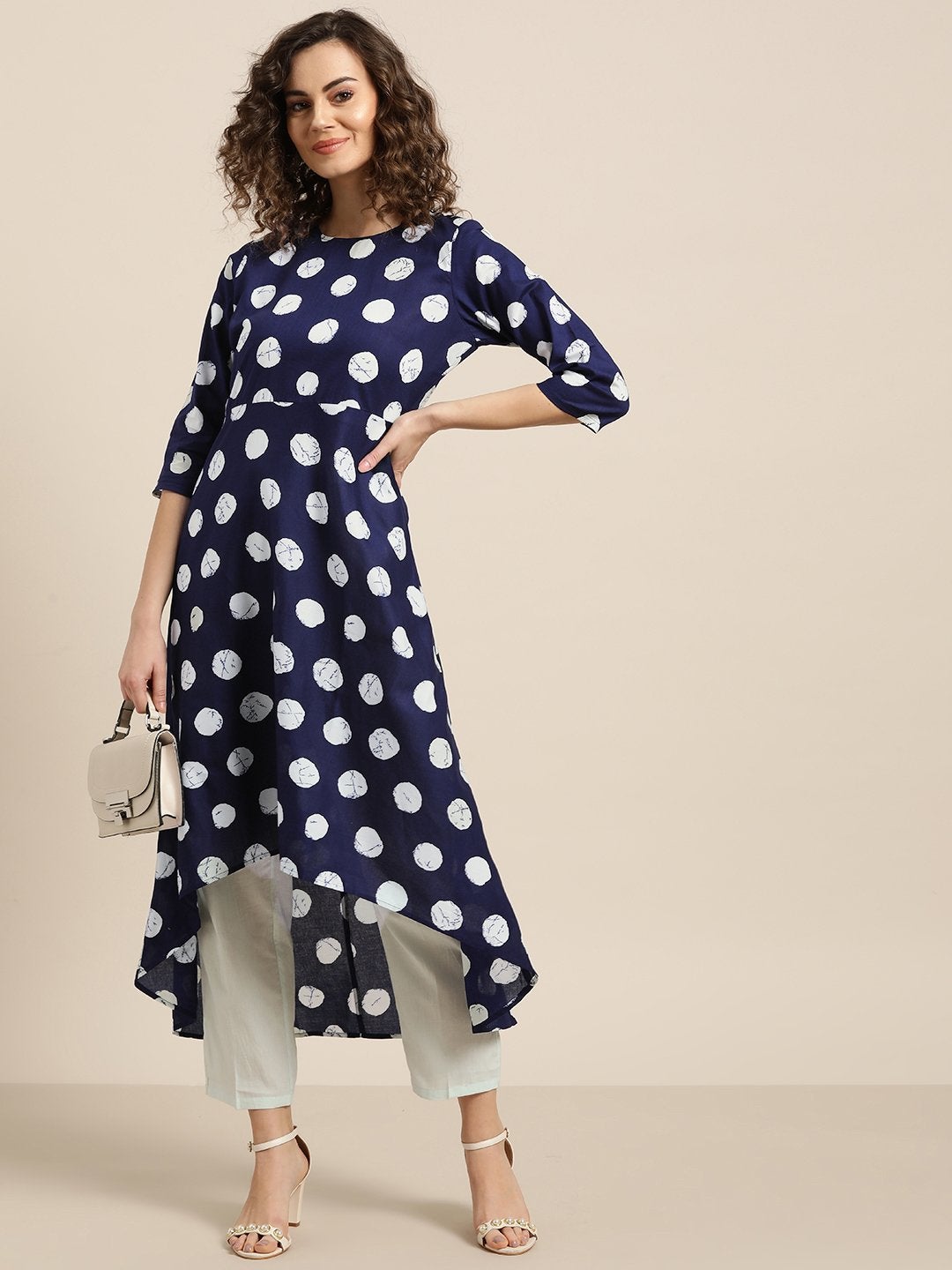 Women's Navy Polka High Low Kurta With White Pants