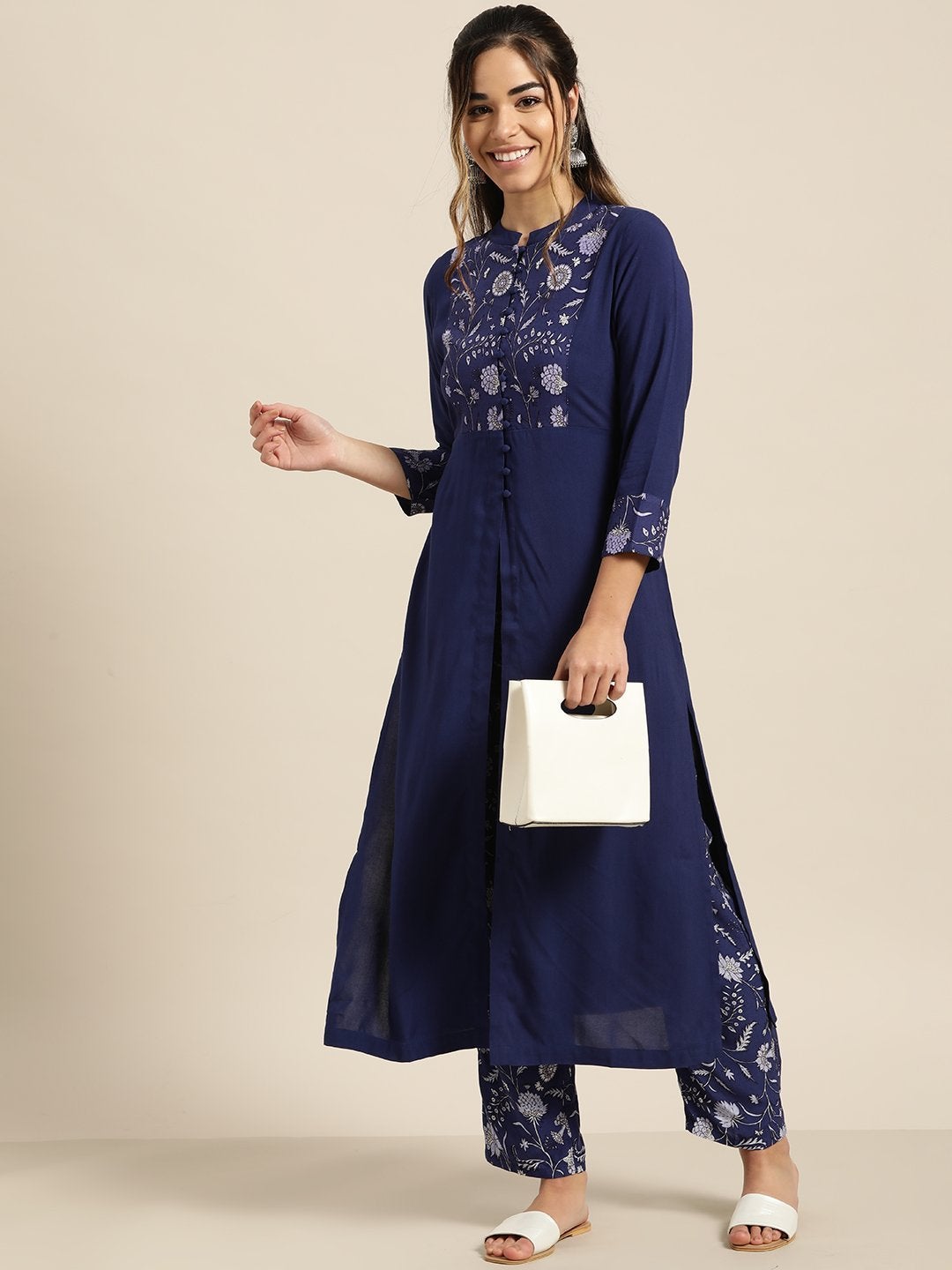 Women's Navy Yoke Kurta With Floral Pants