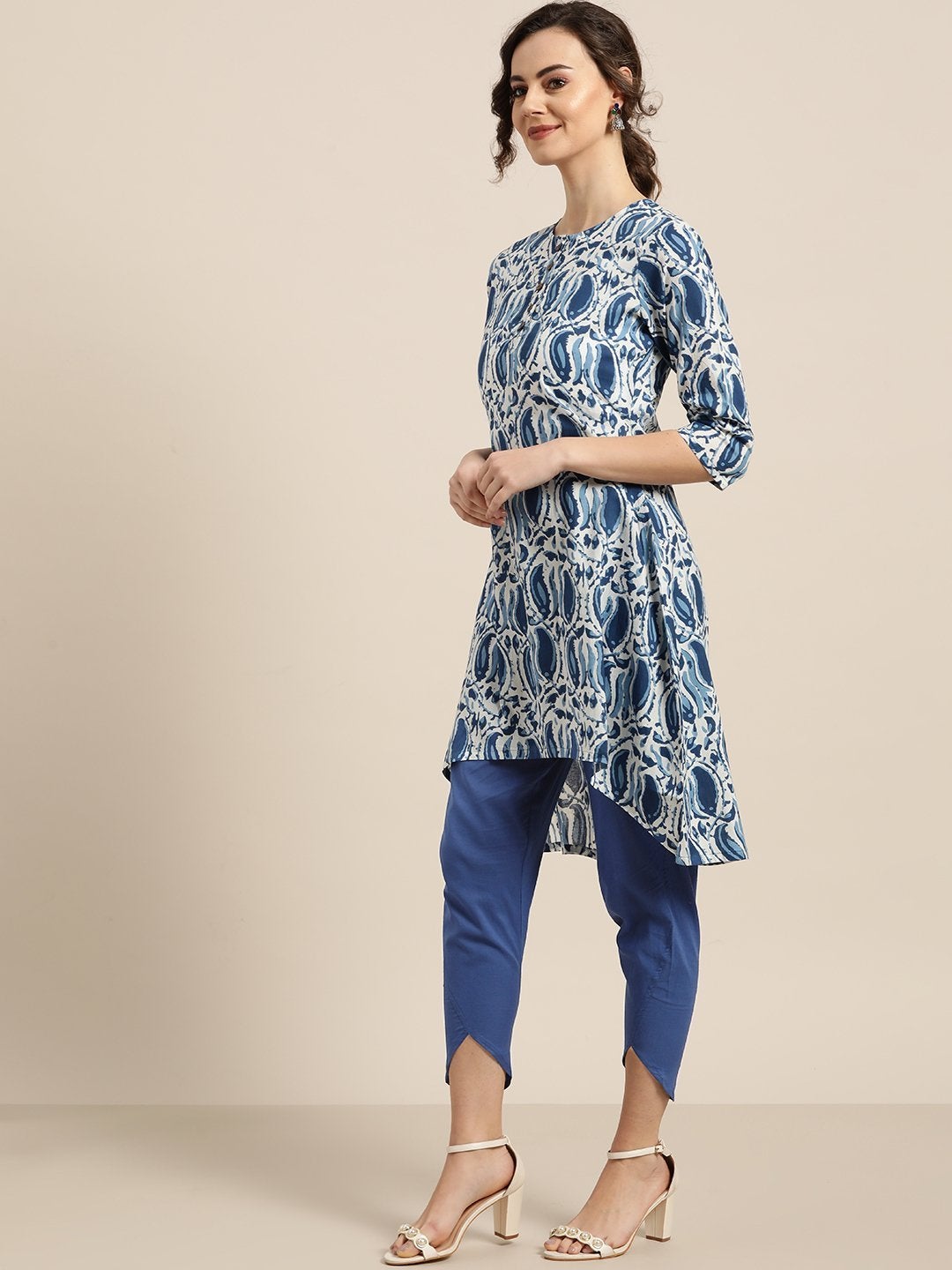 Women's Navy Paisley High Low Kurta With Navy Tulip Pants - SHAE