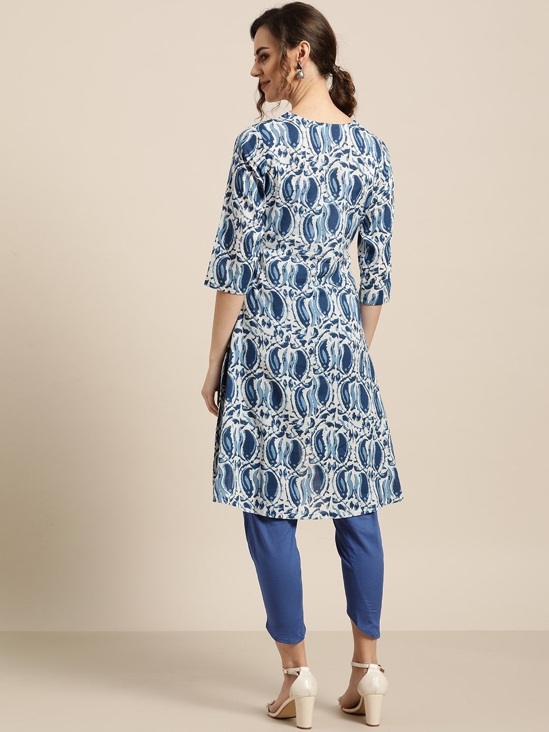 Women's Navy Paisley High Low Kurta With Navy Tulip Pants - SHAE