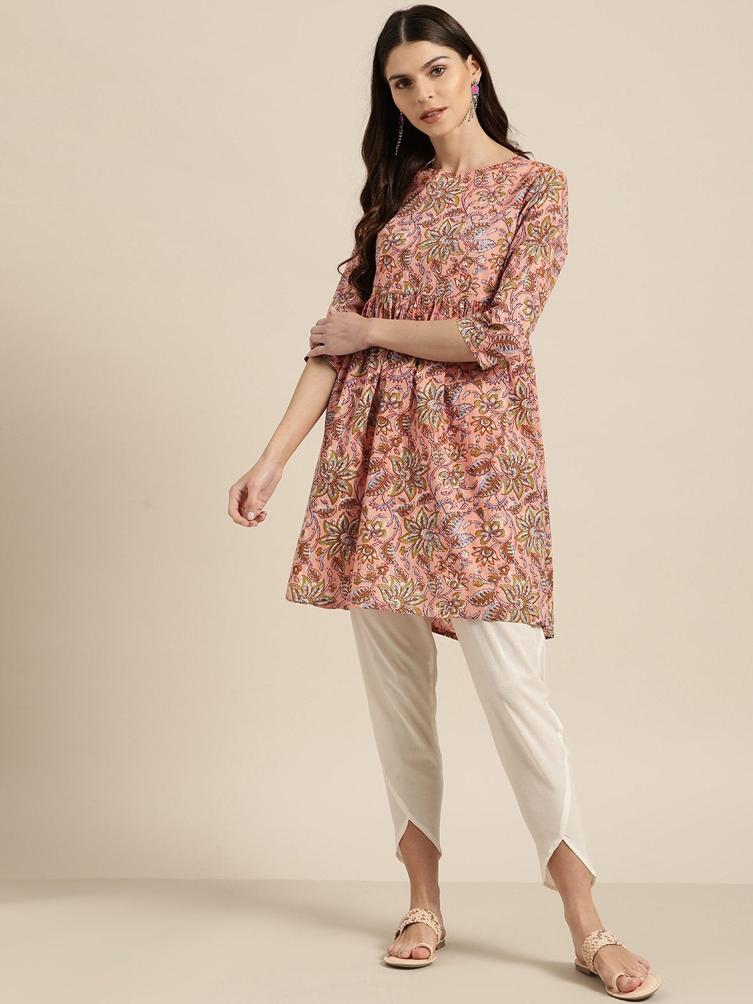 Women's Pink Floral Short Kurta With Off-White Tulip Pants - SHAE