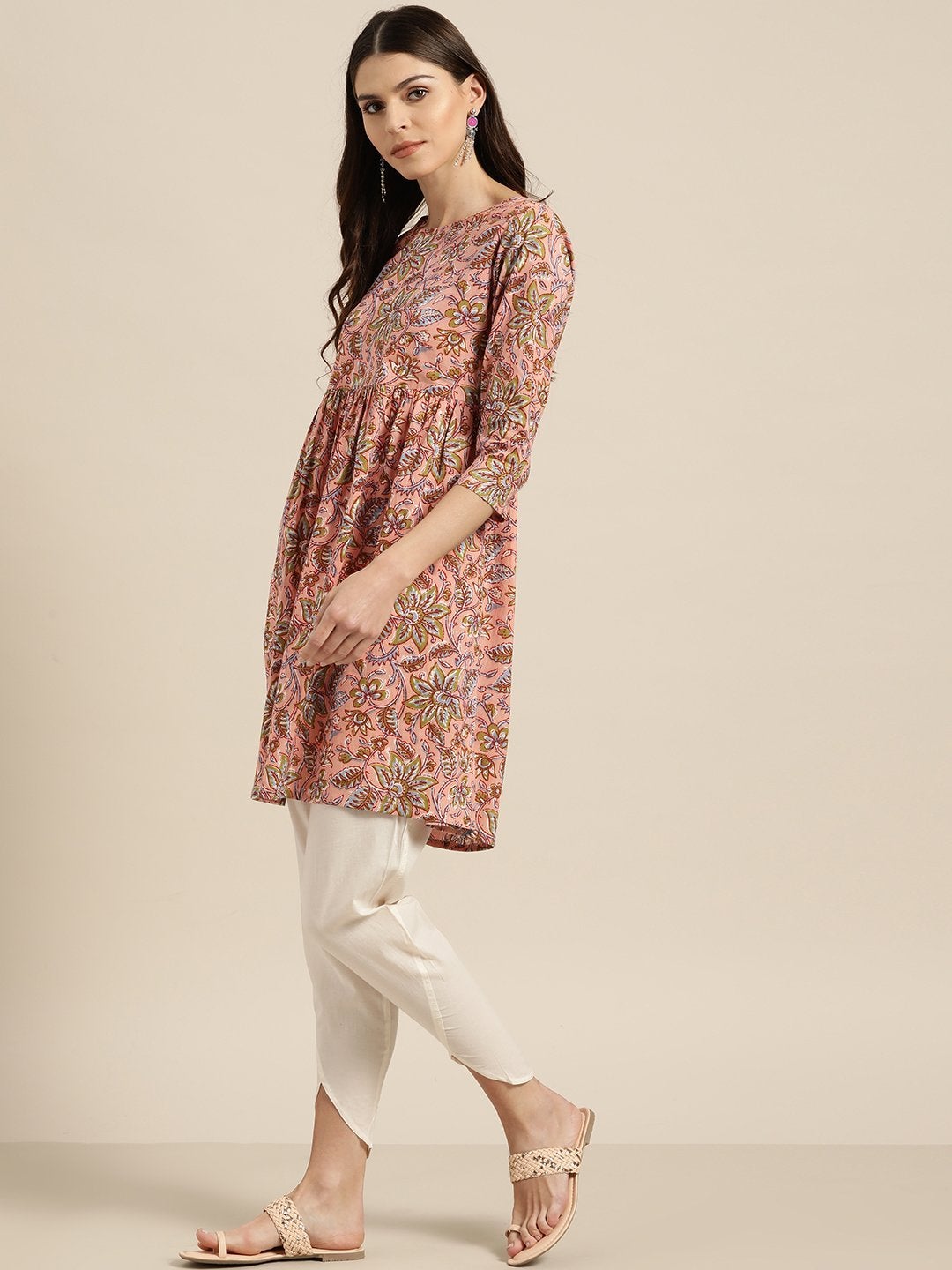 Women's Pink Floral Short Kurta With Off-White Tulip Pants - SHAE