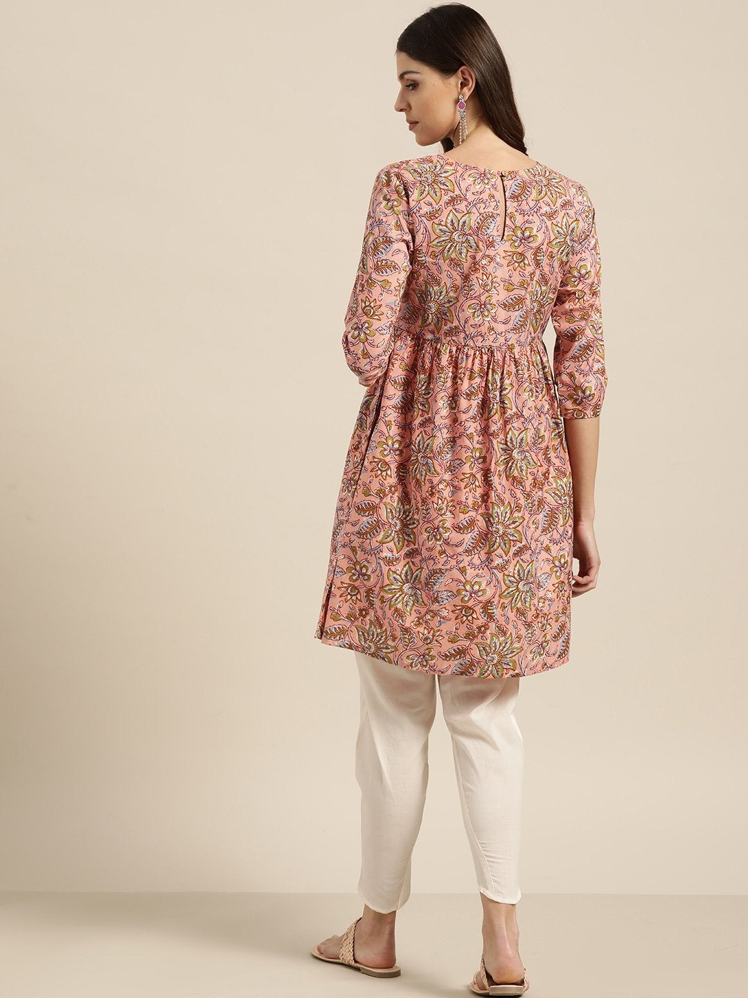 Women's Pink Floral Short Kurta With Off-White Tulip Pants - SHAE