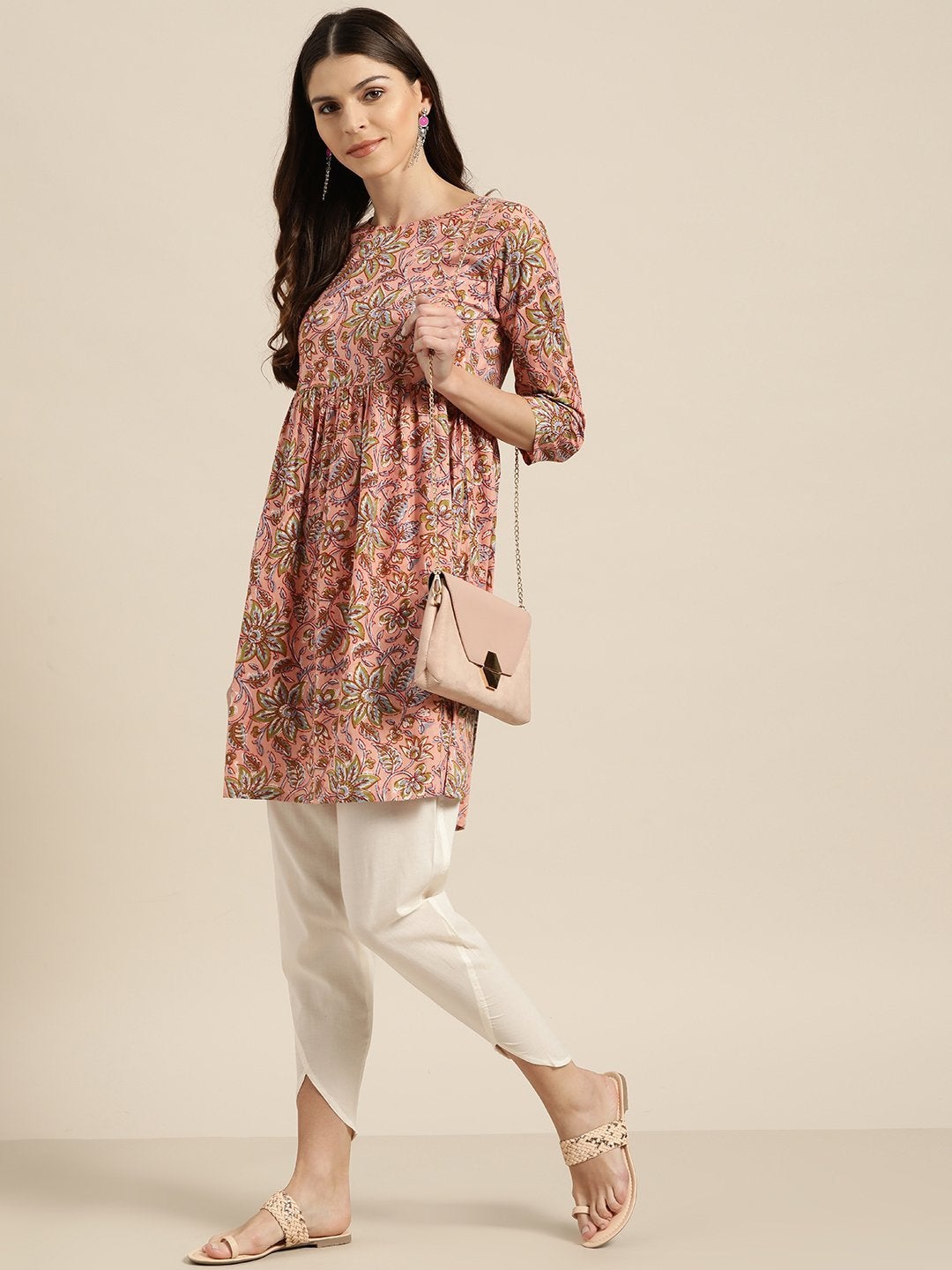 Women's Pink Floral Short Kurta With Off-White Tulip Pants - SHAE
