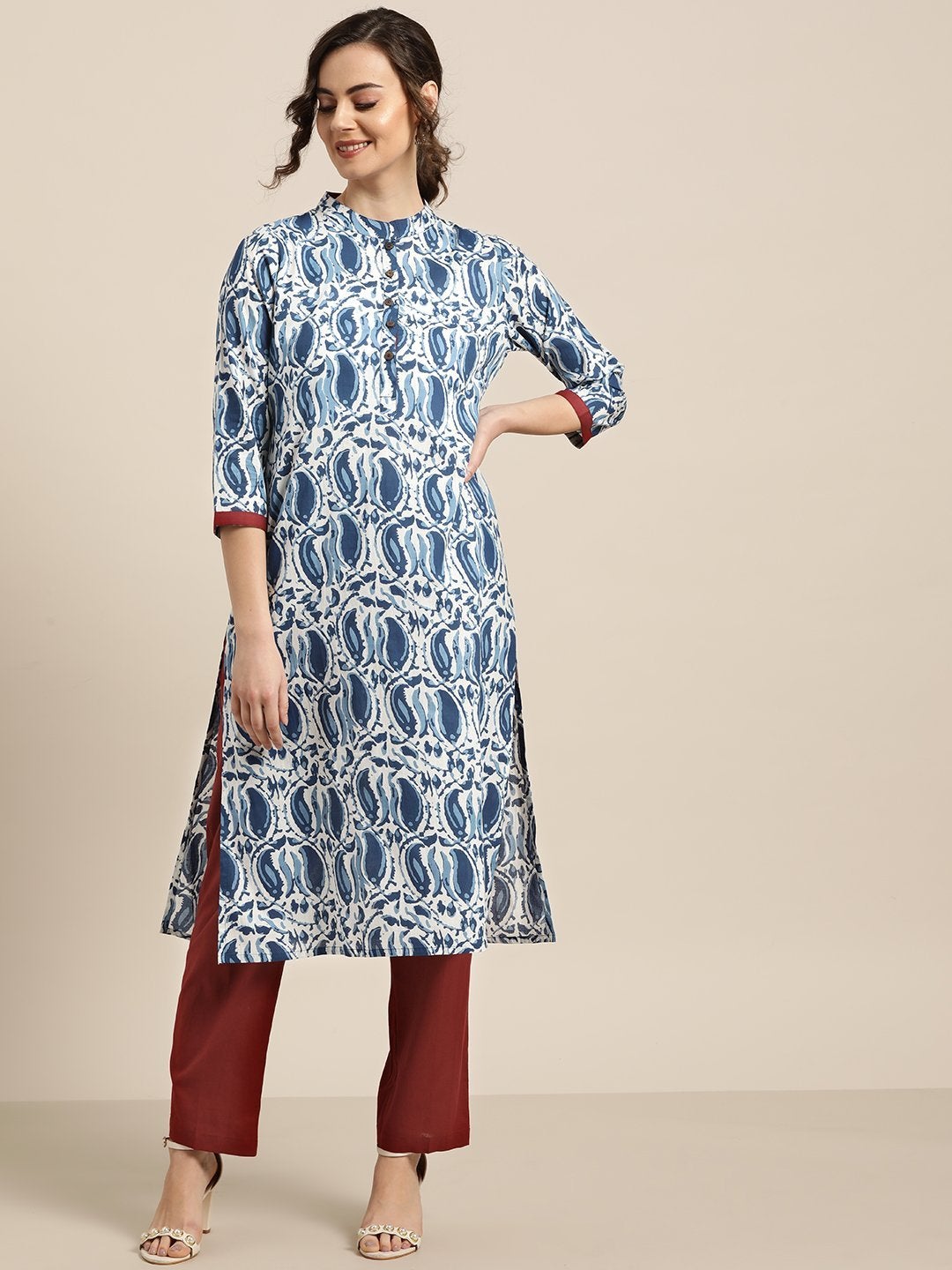 Women's Navy Paisley Kurta With Maroon Pants - SHAE
