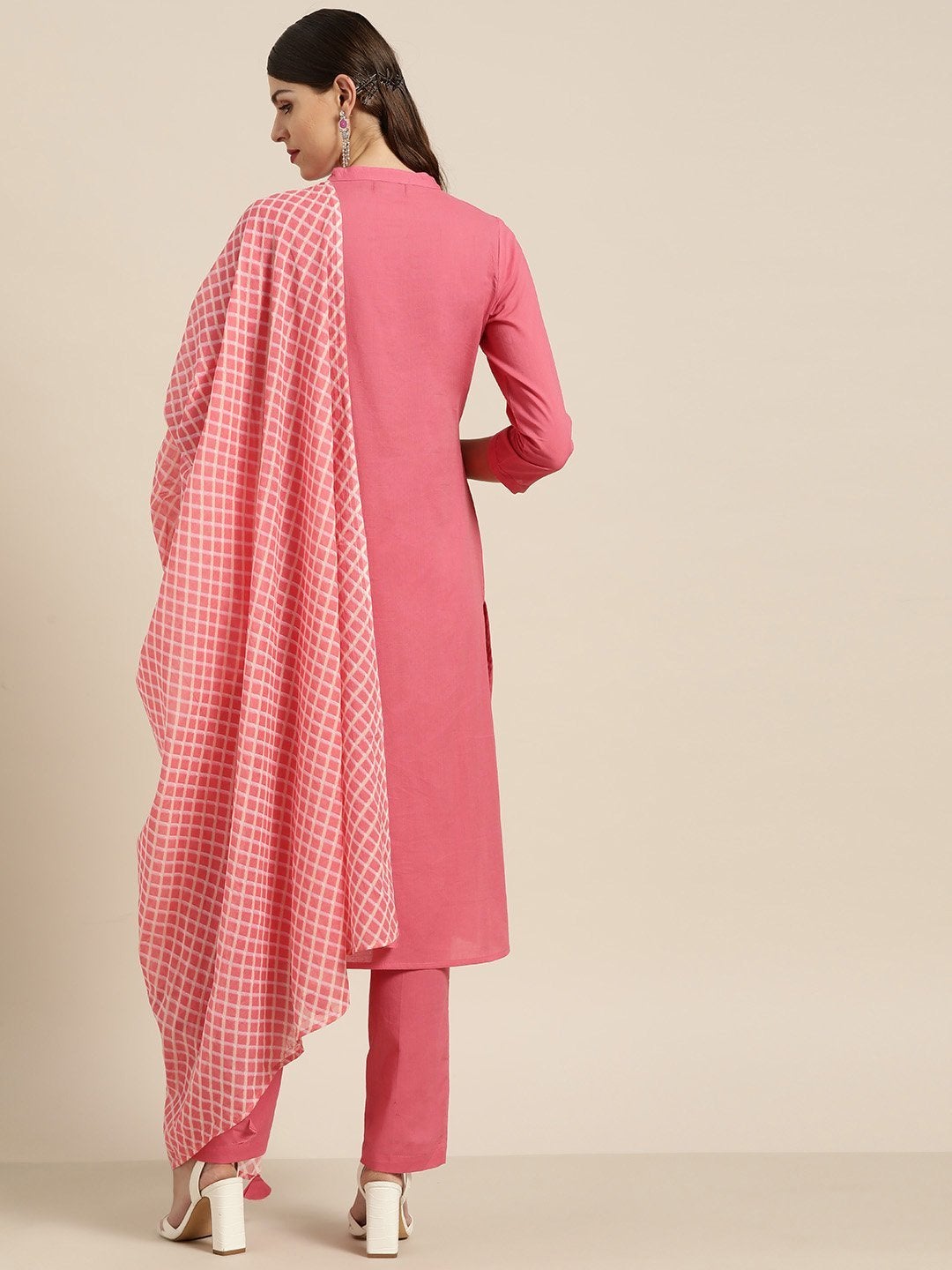 Women's Pink Kurta With Pants And Pink Lehariya Dupatta - SHAE