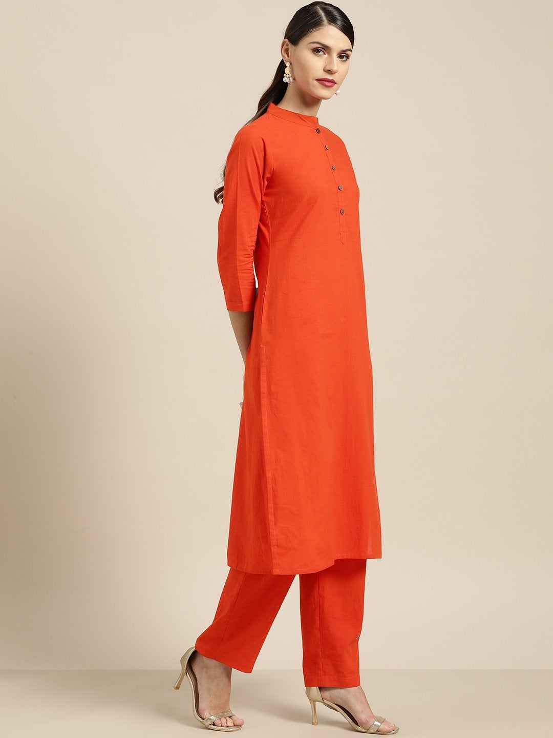 Women's Orange Kurta With Orange Pants And Green Printed Dupatta