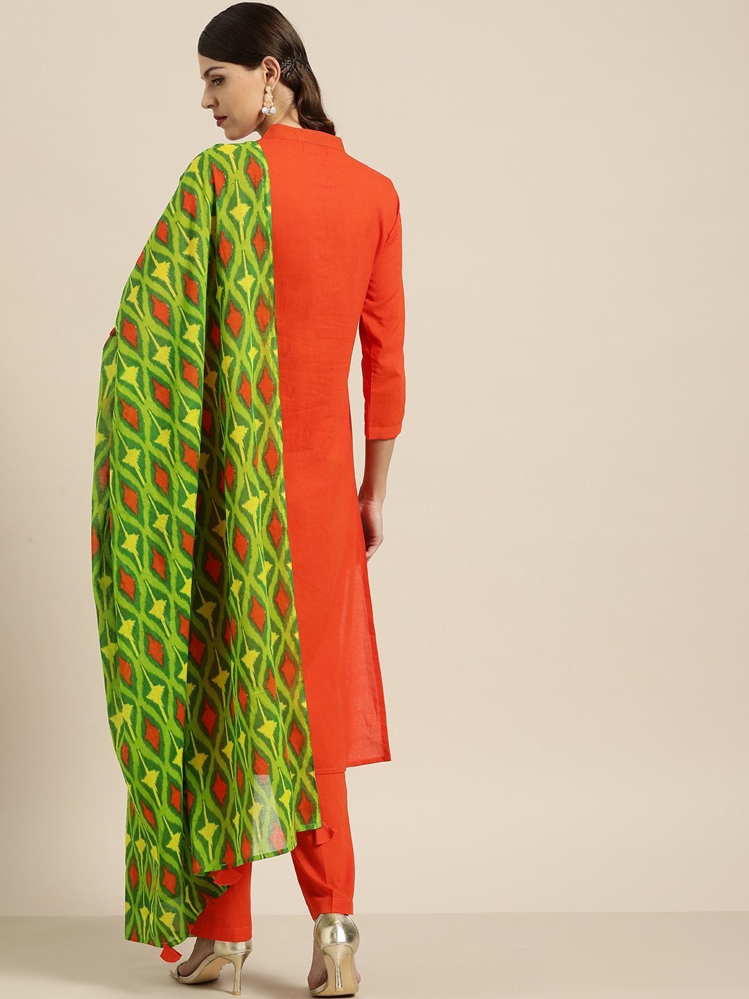 Women's Orange Kurta With Orange Pants And Green Printed Dupatta