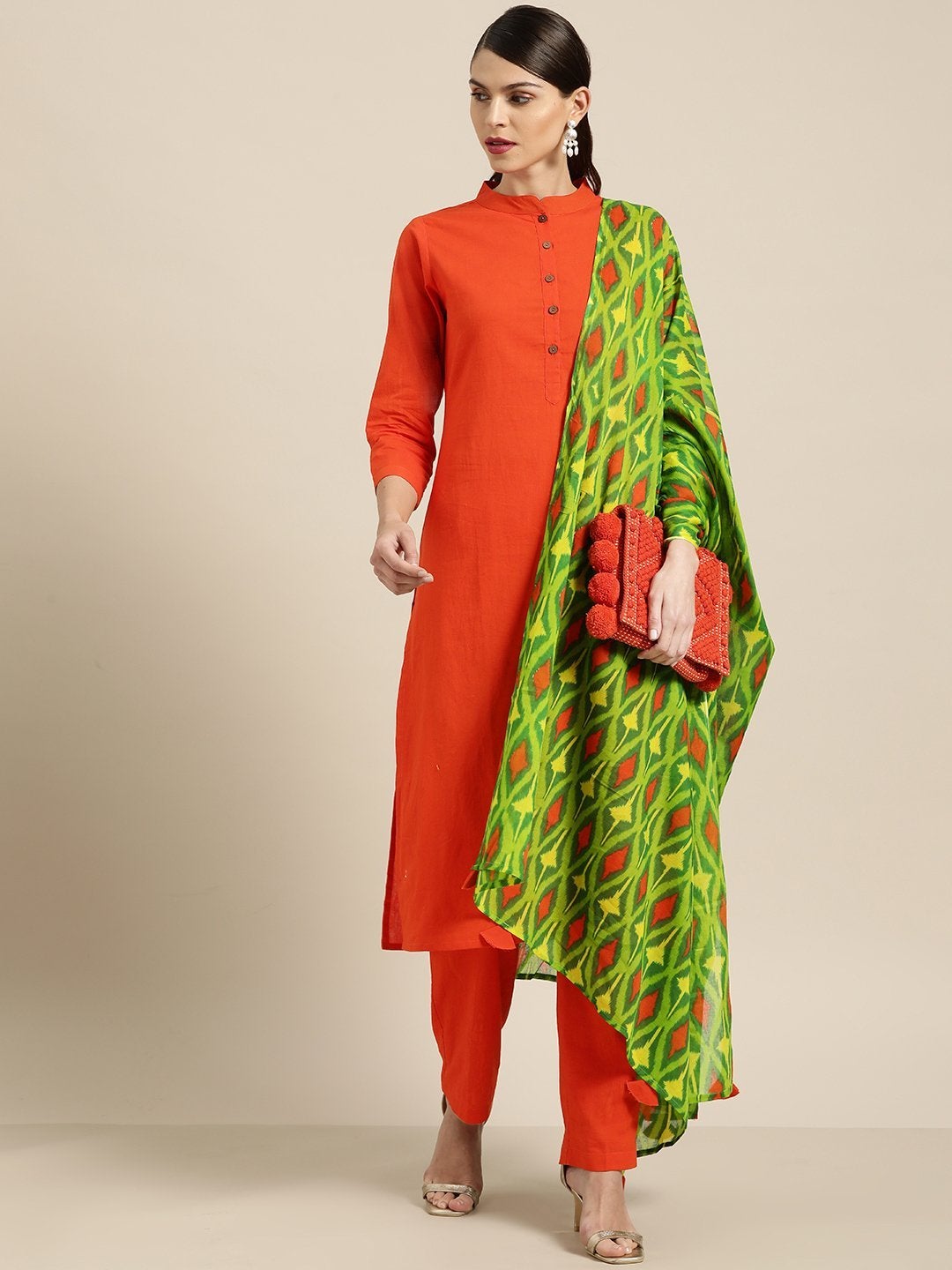 Women's Orange Kurta With Orange Pants And Green Printed Dupatta