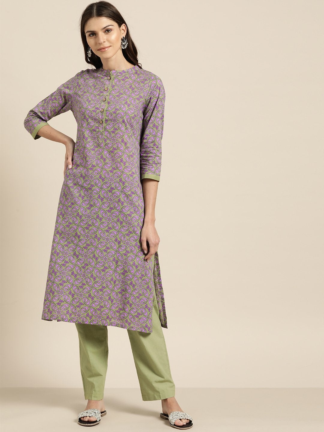 Women's Lilac Floral Kurta With Olive Pants - SHAE