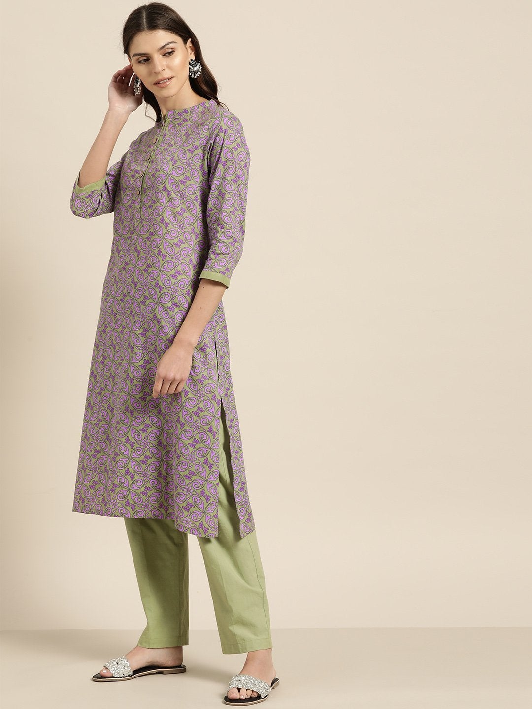 Women's Lilac Floral Kurta With Olive Pants - SHAE