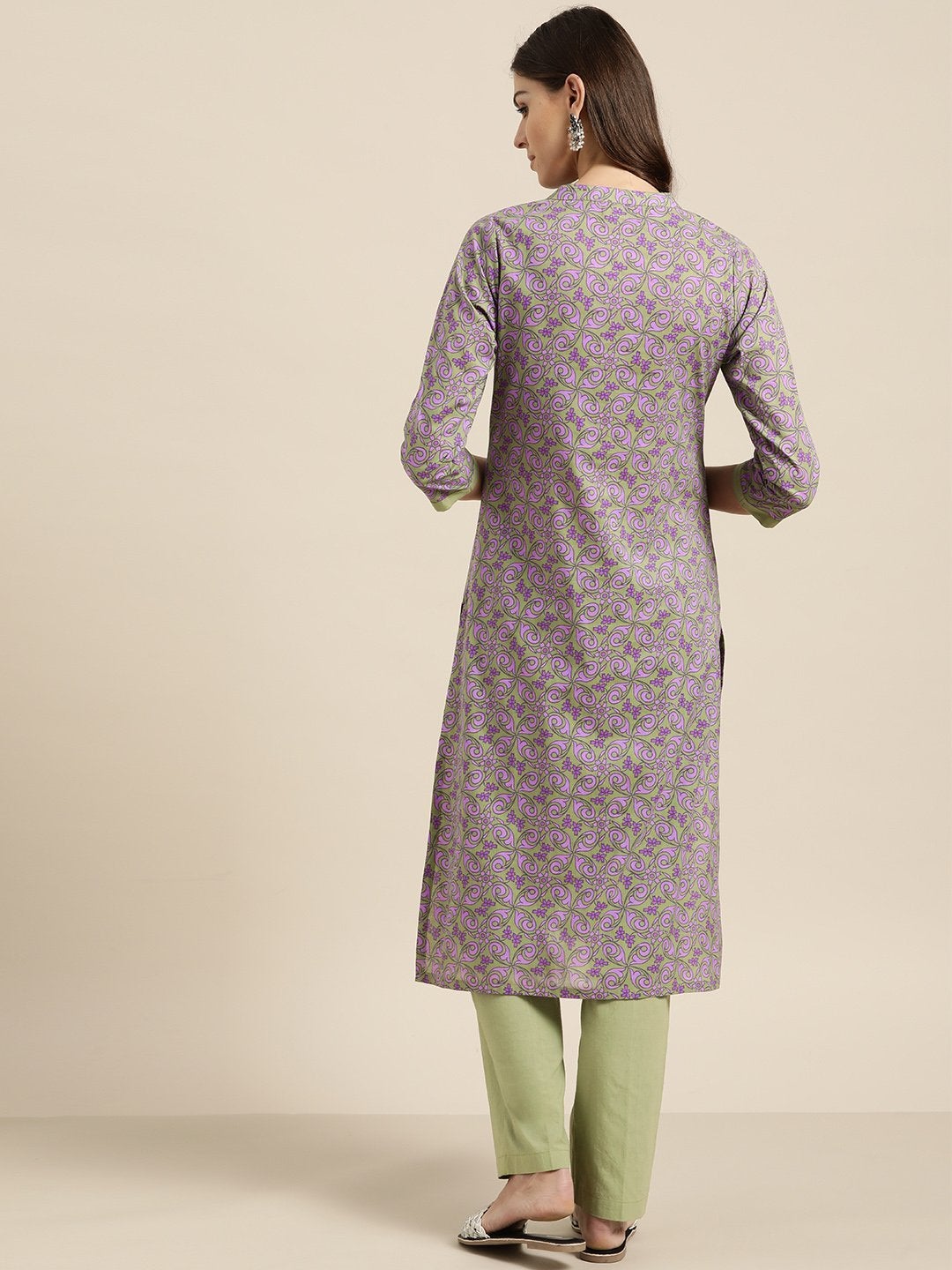 Women's Lilac Floral Kurta With Olive Pants - SHAE