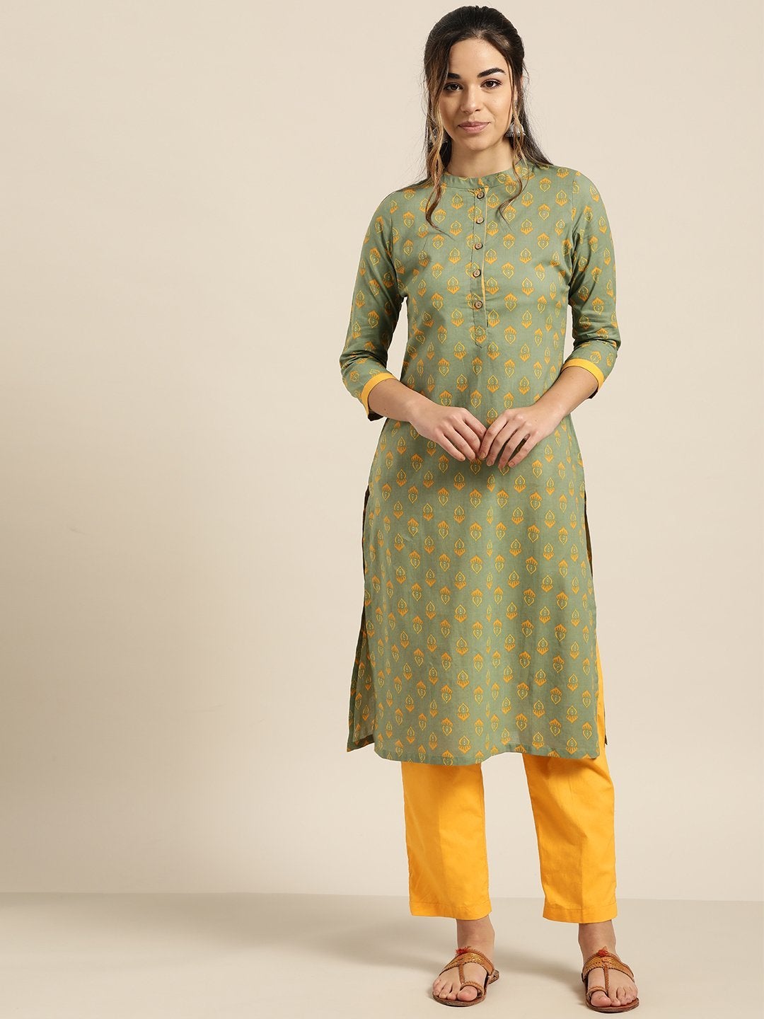 Women's Olive Floral Kurta With Mustard Pants
