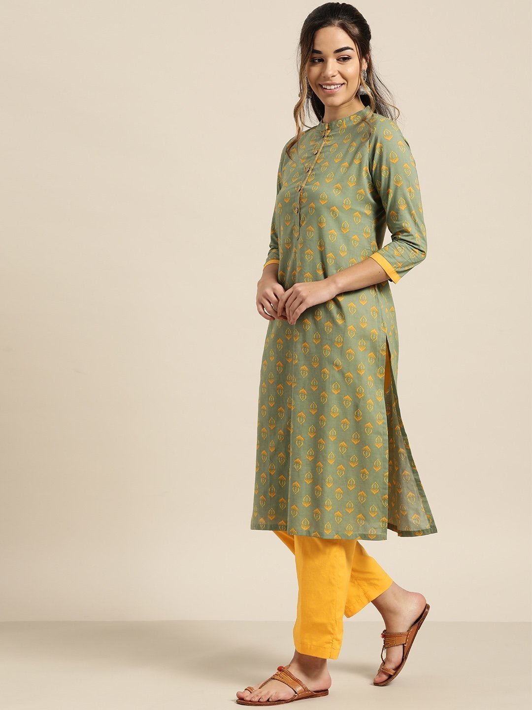 Women's Olive Floral Kurta With Mustard Pants
