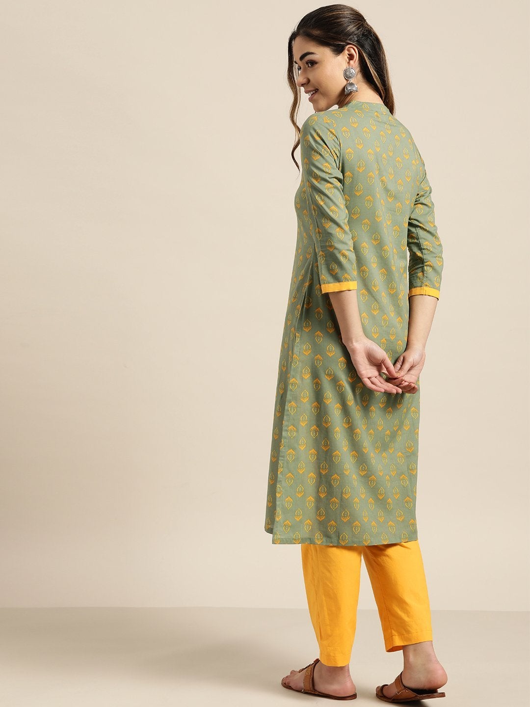 Women's Olive Floral Kurta With Mustard Pants
