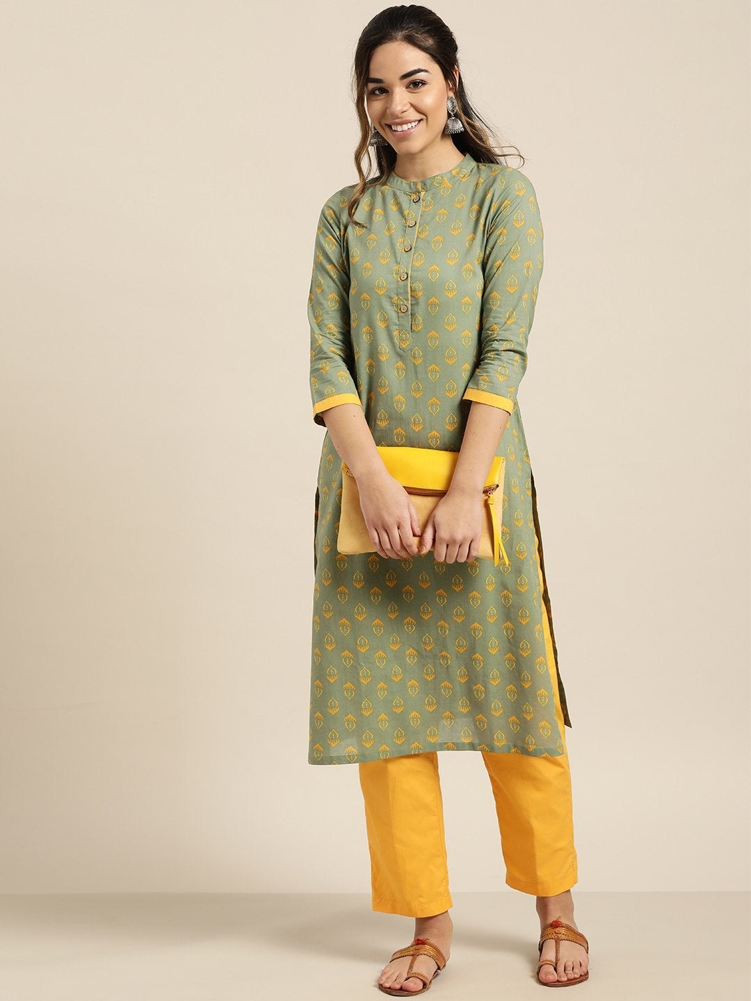 Women's Olive Floral Kurta With Mustard Pants