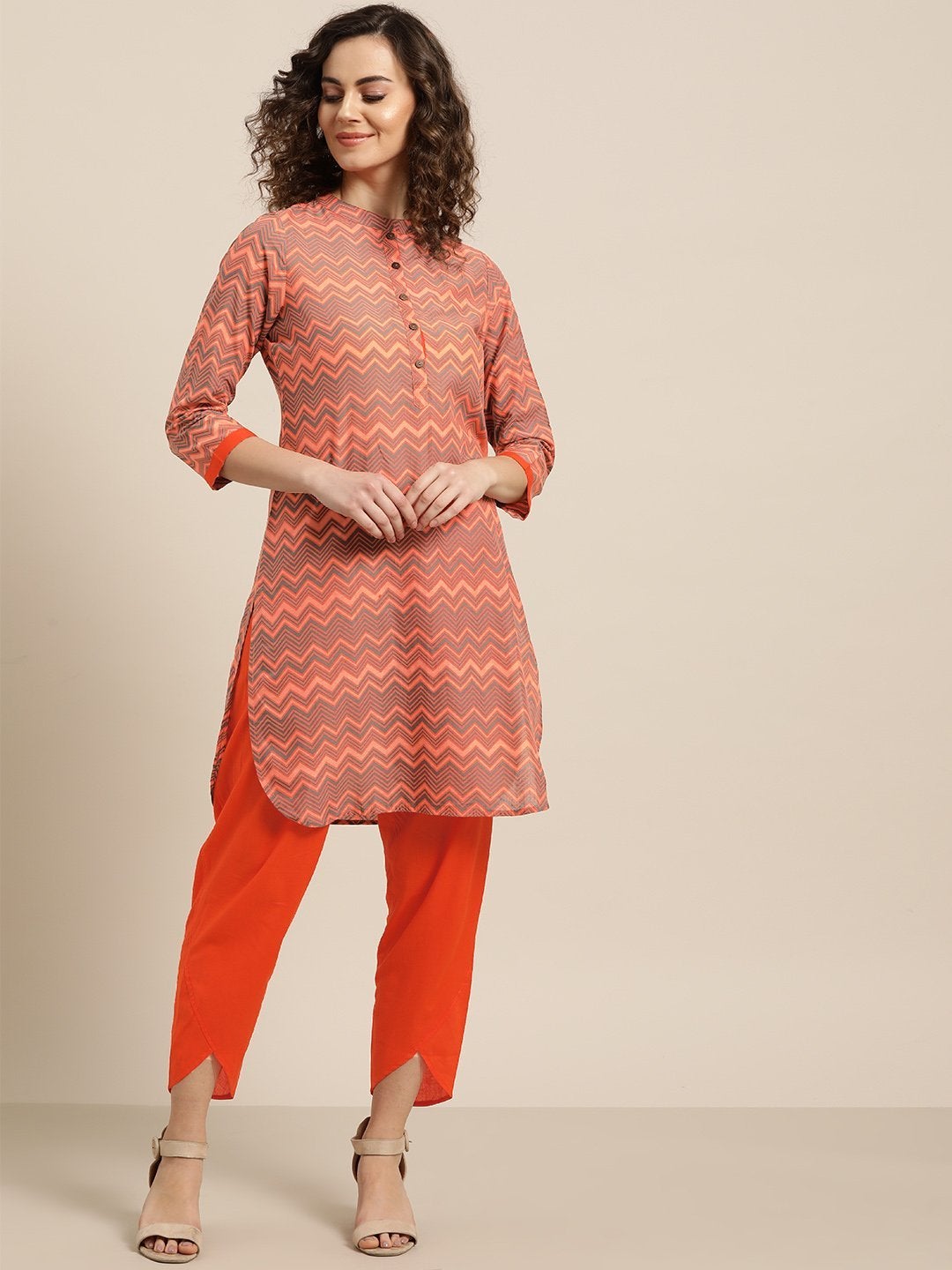 Women's Orange Chevron Kurta With Orange Tulip Pants