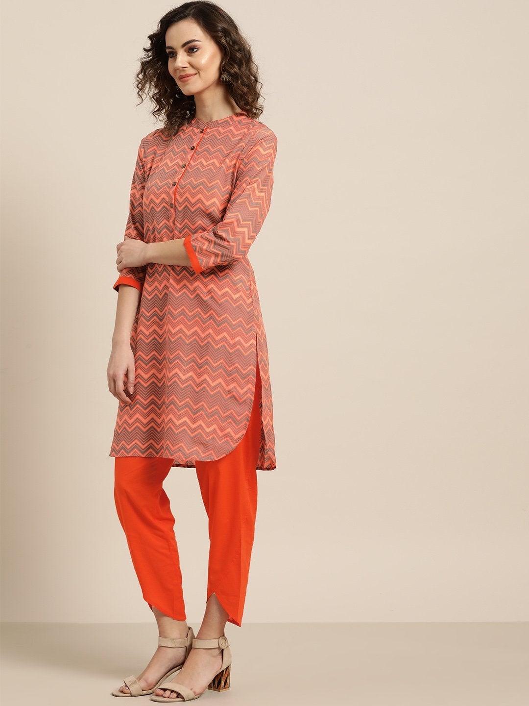 Women's Orange Chevron Kurta With Orange Tulip Pants