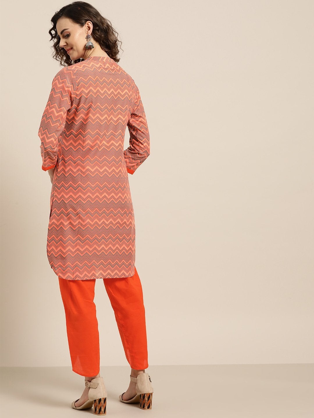 Women's Orange Chevron Kurta With Orange Tulip Pants