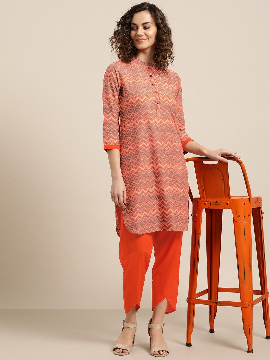 Women's Orange Chevron Kurta With Orange Tulip Pants