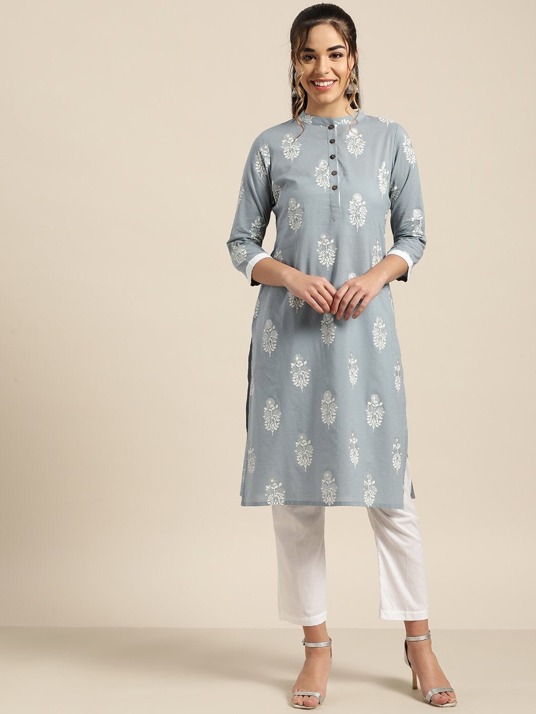 Women's Pale Blue Glitter Foil Kurta With White Pants - SHAE