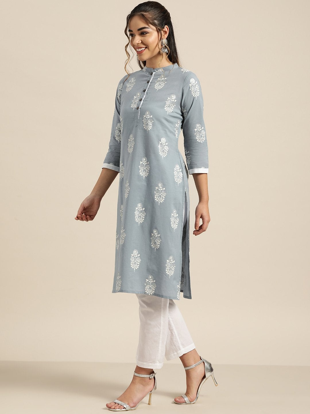 Women's Pale Blue Glitter Foil Kurta With White Pants - SHAE