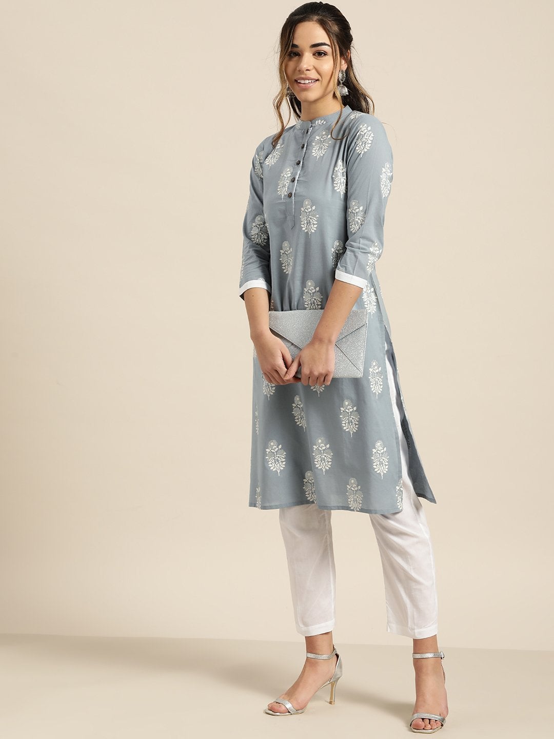 Women's Pale Blue Glitter Foil Kurta With White Pants - SHAE