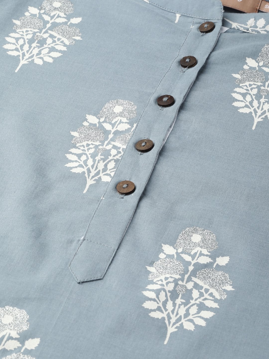 Women's Pale Blue Glitter Foil Kurta With White Pants - SHAE