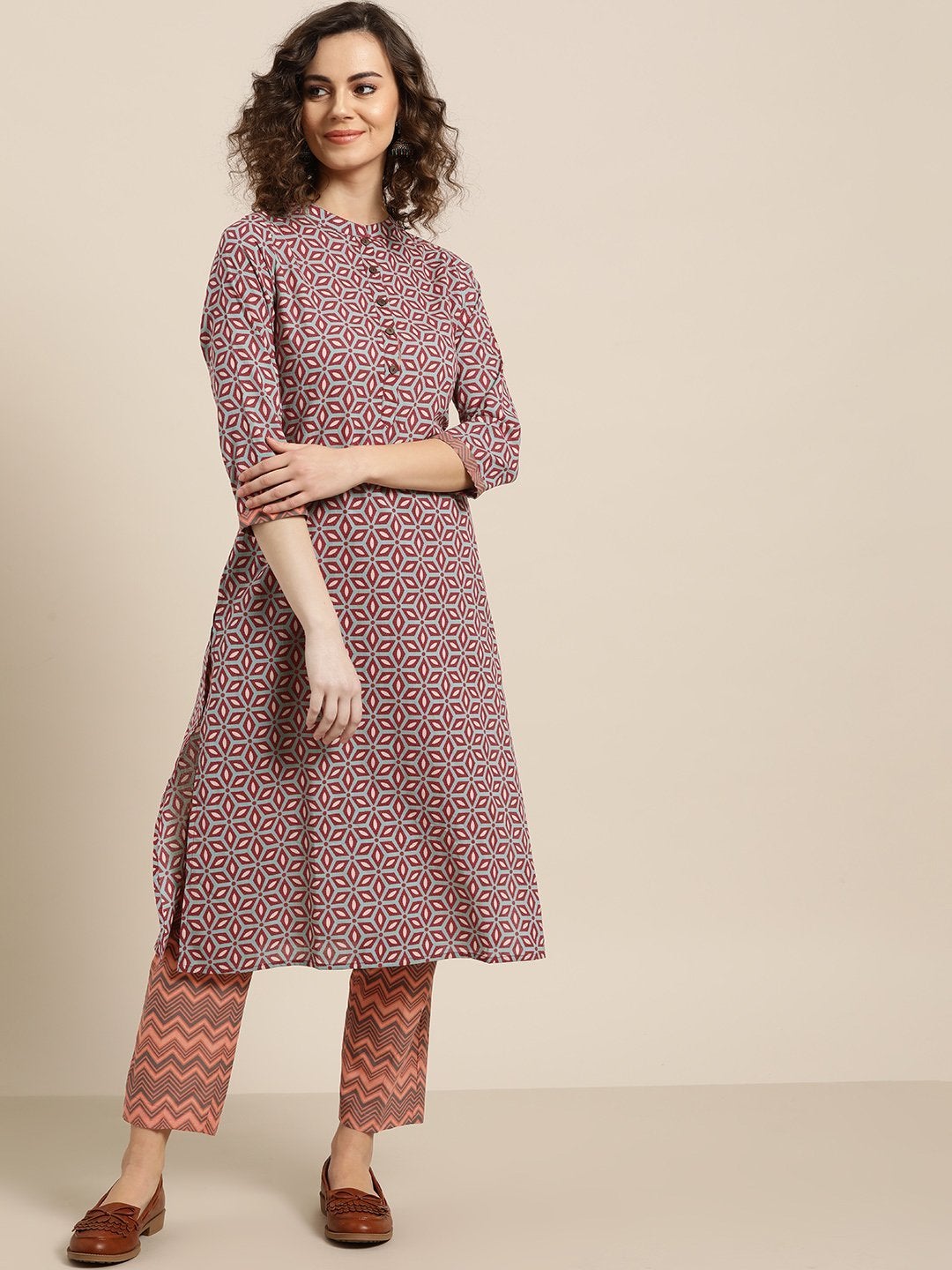 Women's Olive Printed Kurta With Orange Chevron Pants