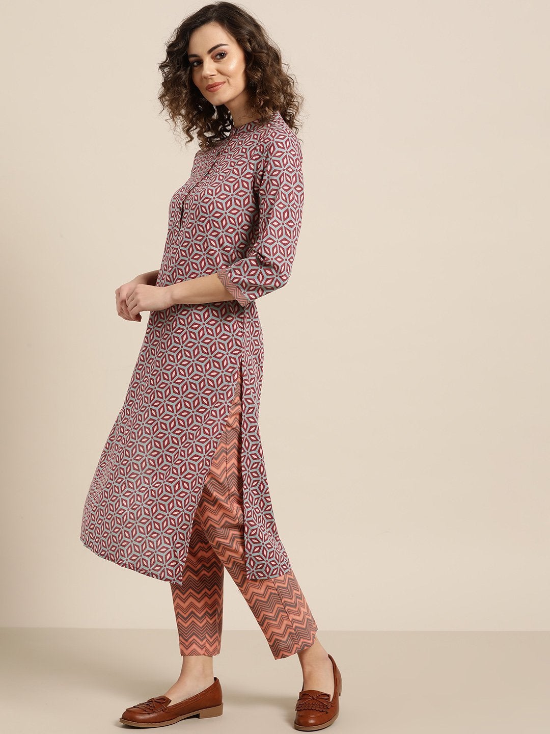 Women's Olive Printed Kurta With Orange Chevron Pants