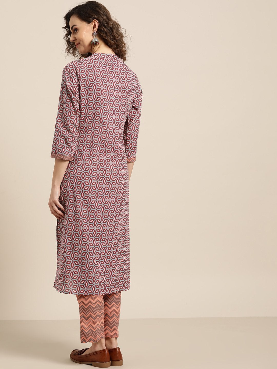 Women's Olive Printed Kurta With Orange Chevron Pants