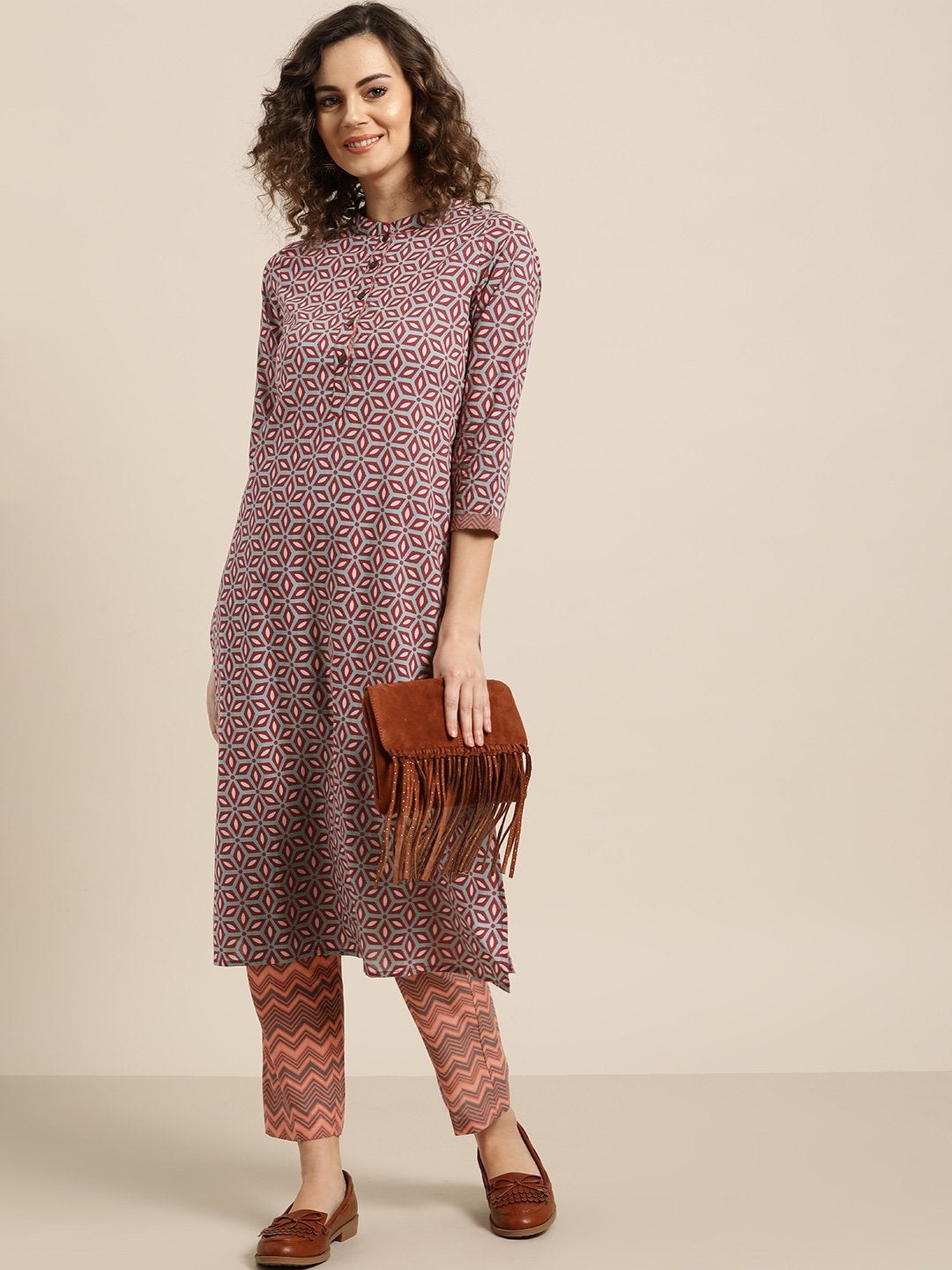 Women's Olive Printed Kurta With Orange Chevron Pants
