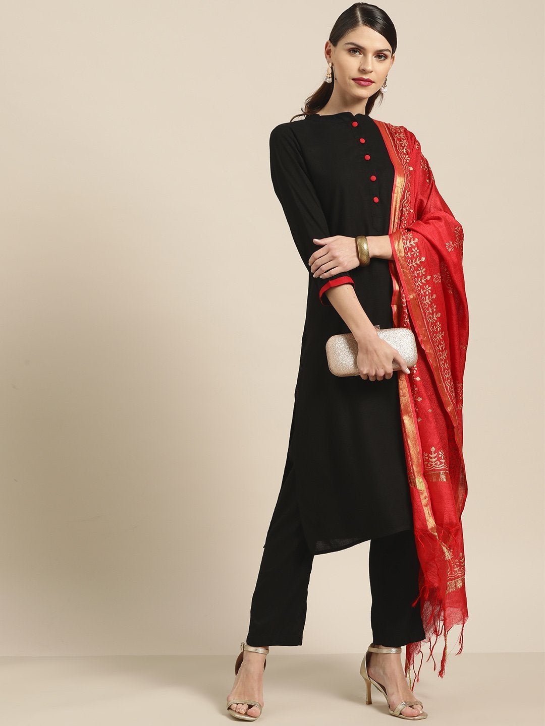 Women's Black Kurta With Pants And Red Foil Dupatta - SHAE