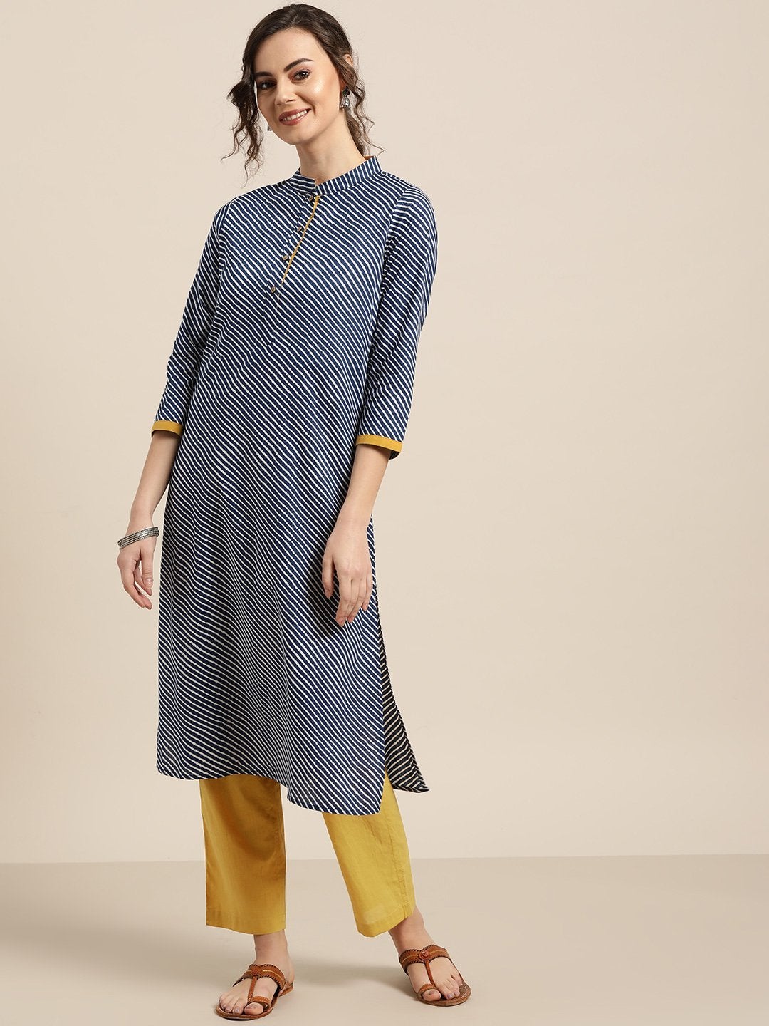 Women's Blue Striped Kurta With Mustard Pants - SHAE