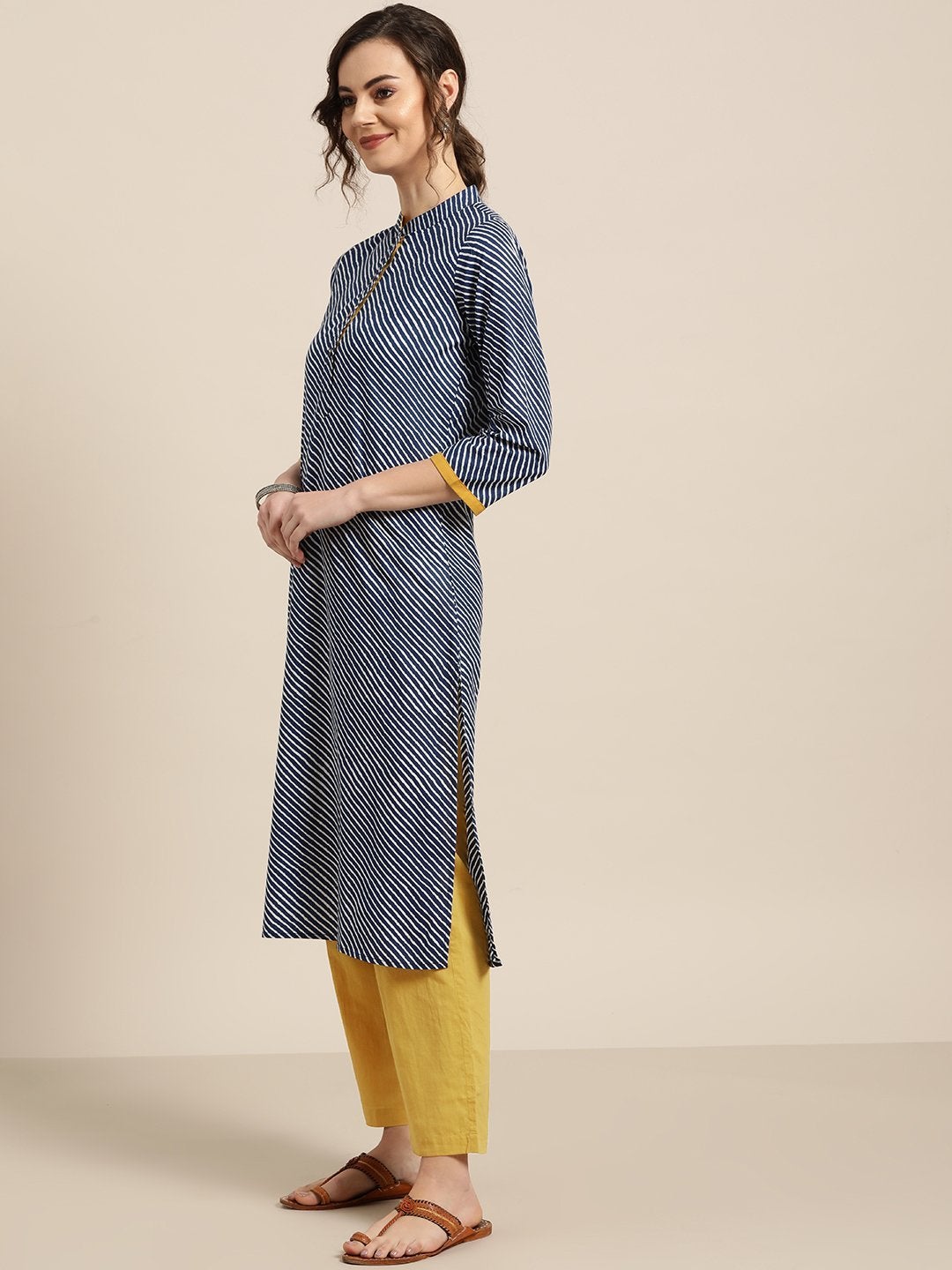 Women's Blue Striped Kurta With Mustard Pants - SHAE