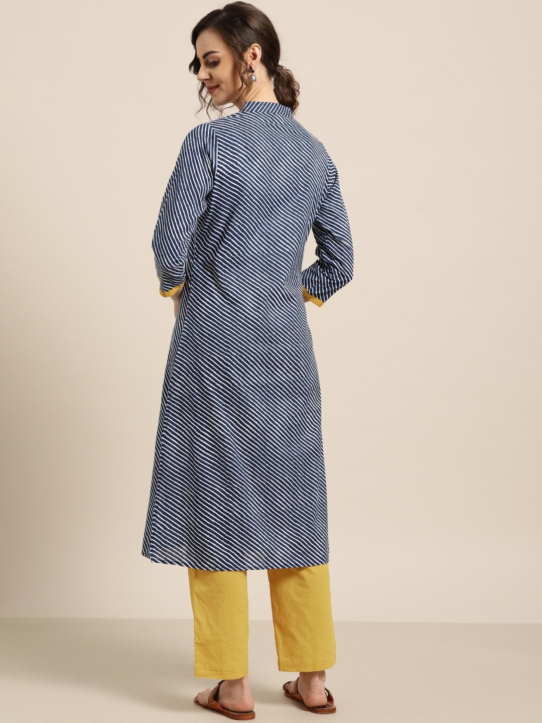 Women's Blue Striped Kurta With Mustard Pants - SHAE