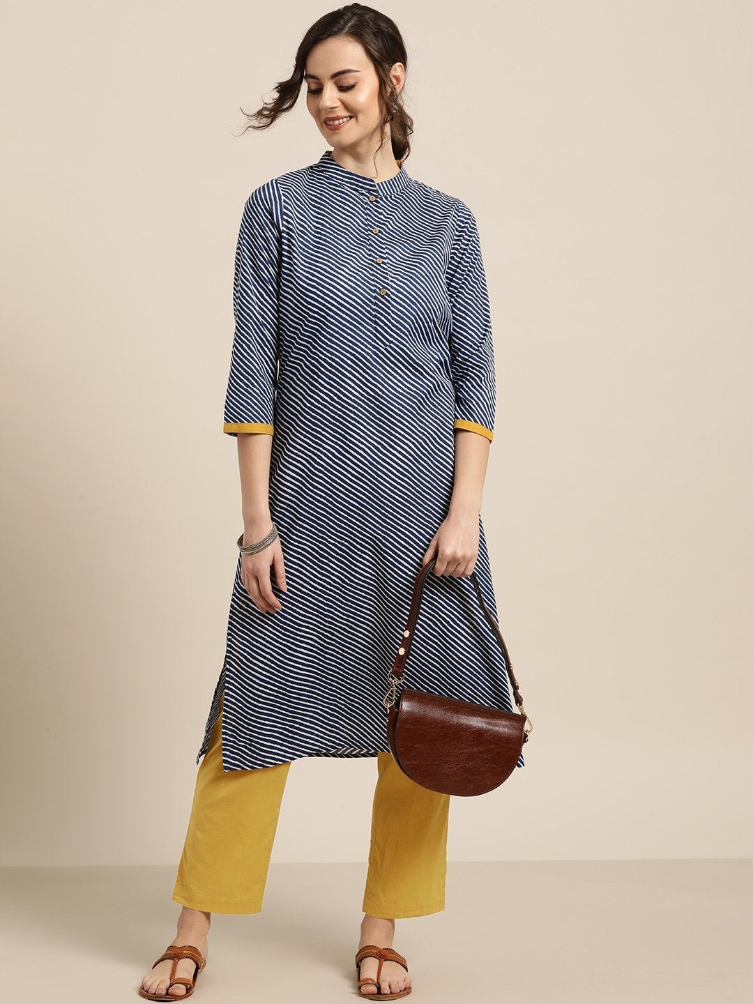 Women's Blue Striped Kurta With Mustard Pants - SHAE